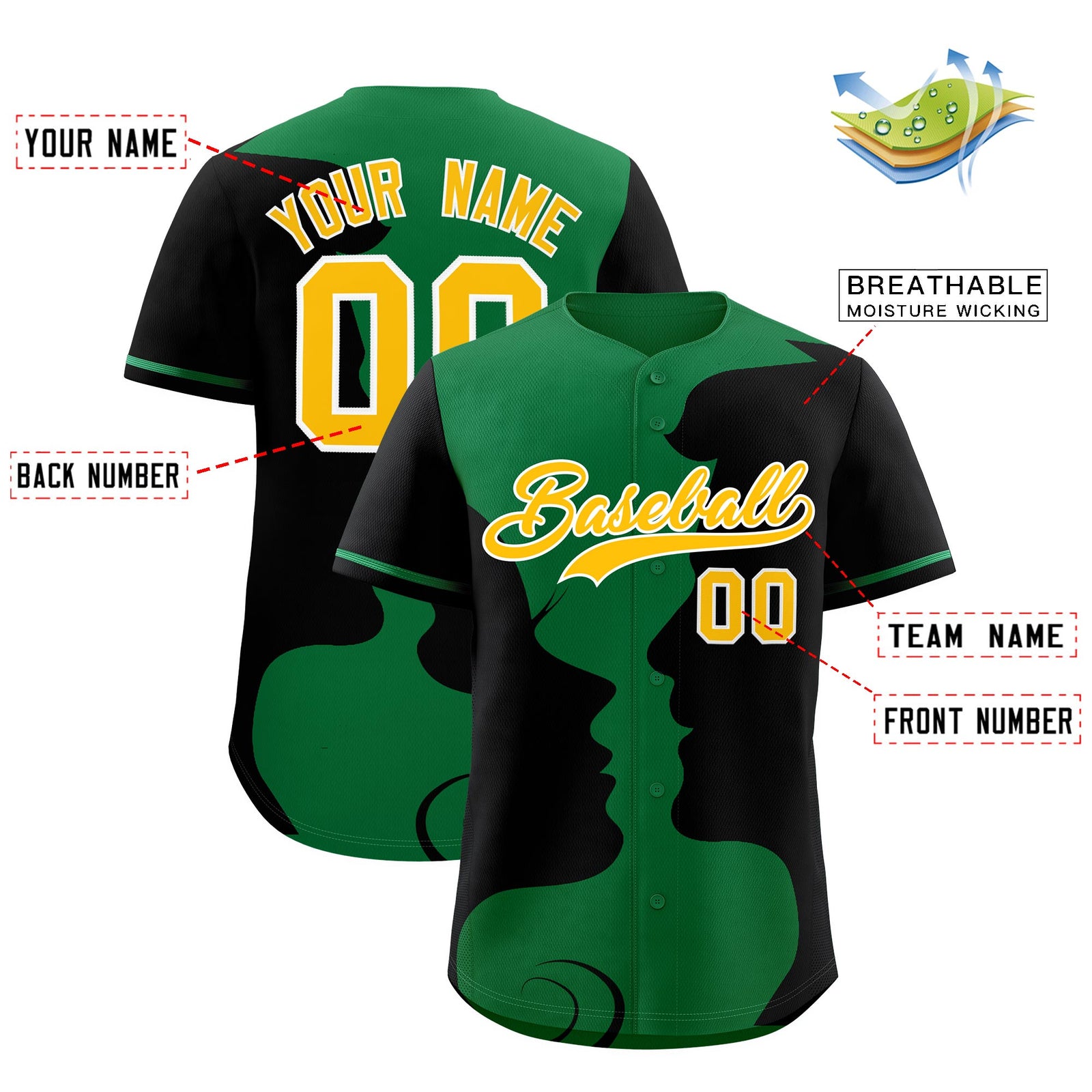 Custom Kelly Green Black Silhouettes of Loving Couple Valentine's Day Baseball Jersey| KXKSHOP