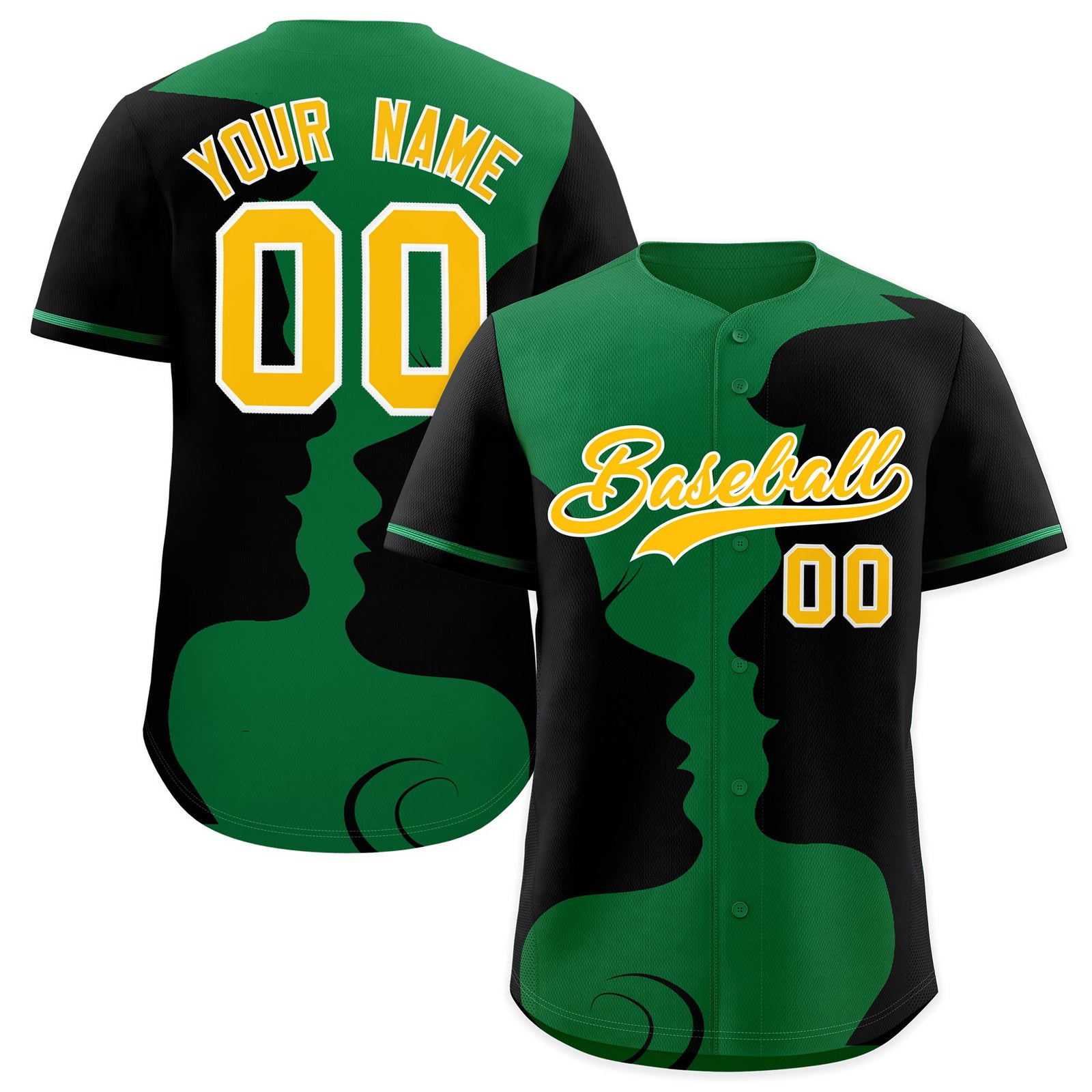 Custom Kelly Green Black Silhouettes of Loving Couple Valentine's Day Baseball Jersey| KXKSHOP