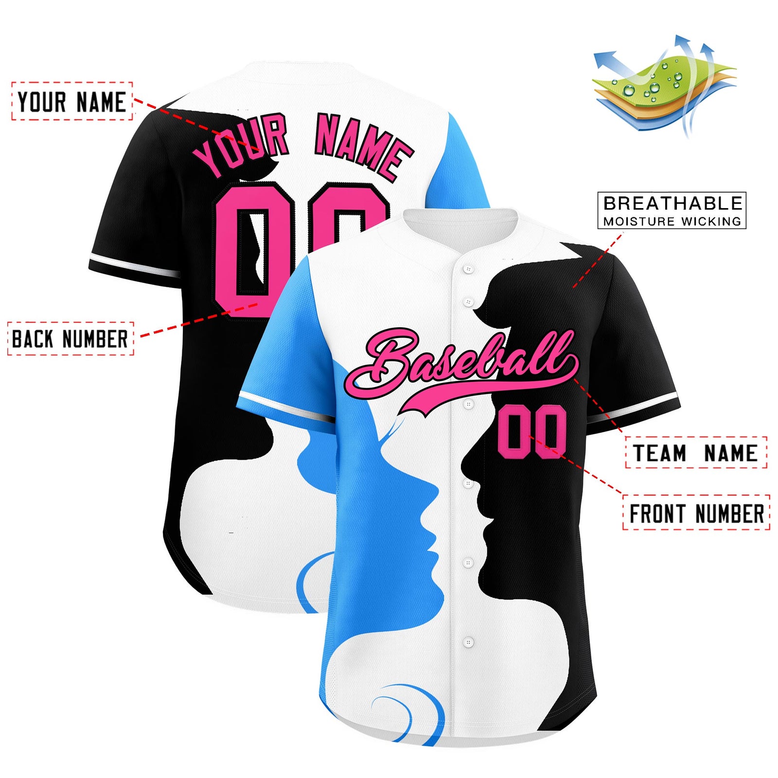Custom White Powder Blue Navy Silhouettes of Loving Couple Valentine's Day Baseball Jersey| KXKSHOP