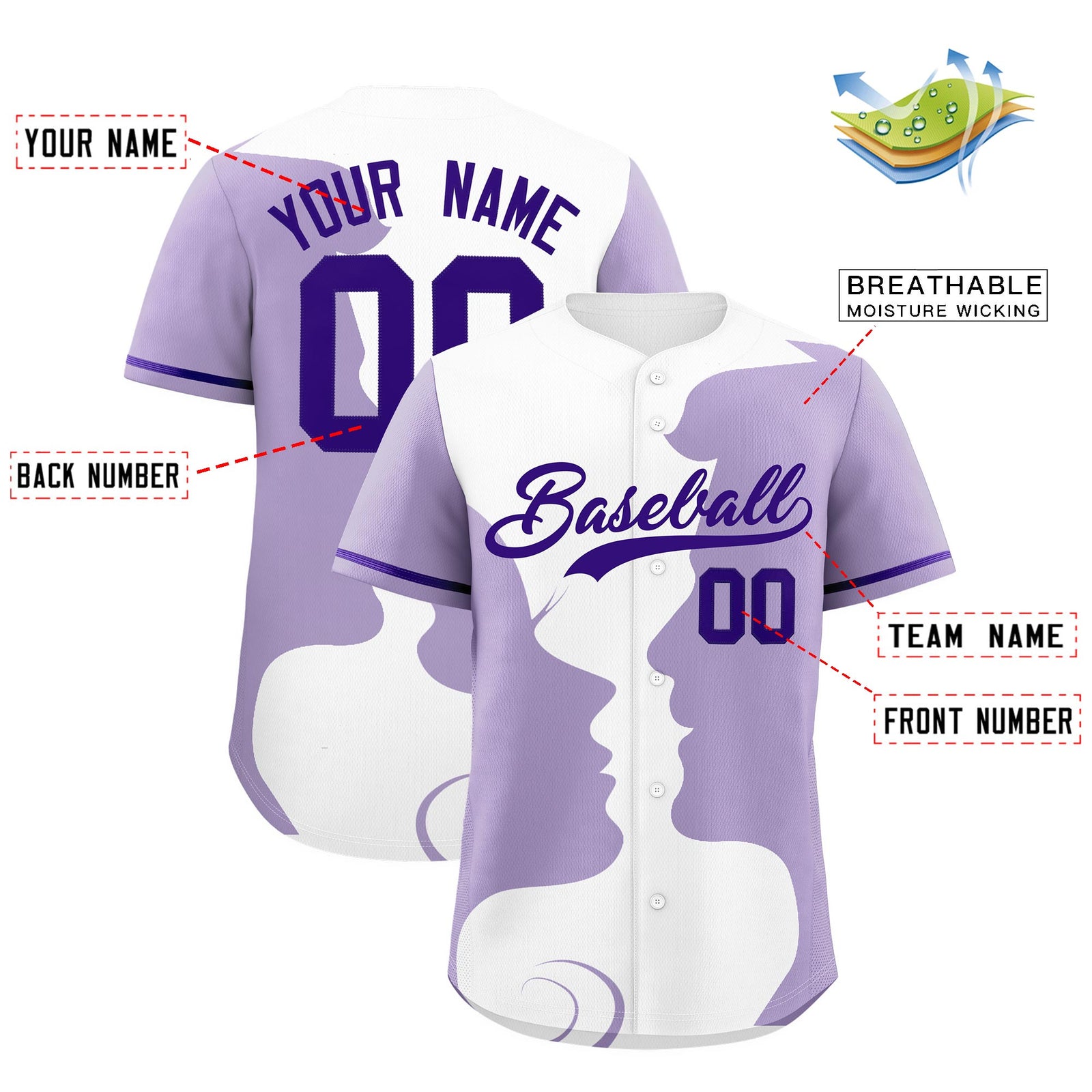 Custom Purple White Light Purple Silhouettes of Loving Couple Valentine's Day Baseball Jersey| KXKSHOP