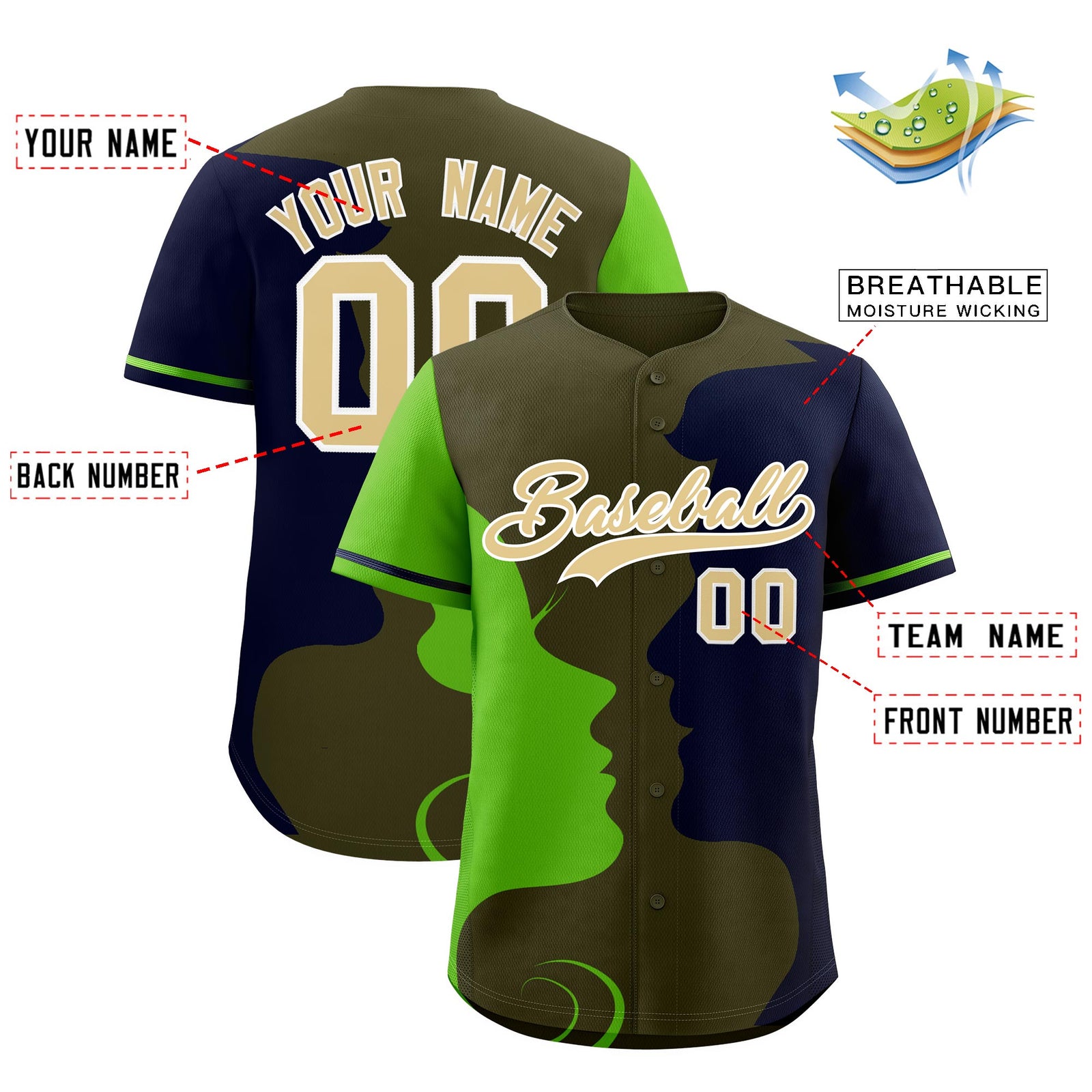 Custom Green Navy Silhouettes of Loving Couple Valentine's Day Baseball Jersey| KXKSHOP