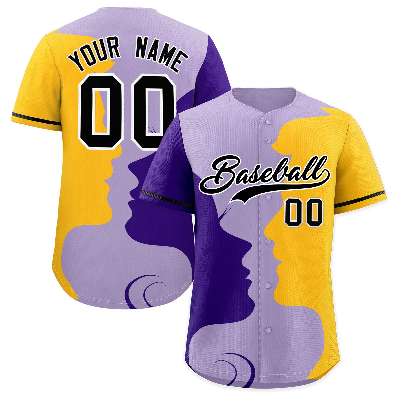 Custom Purple Gold Black Silhouettes of Loving Couple Valentine's Day Baseball Jersey| KXKSHOP