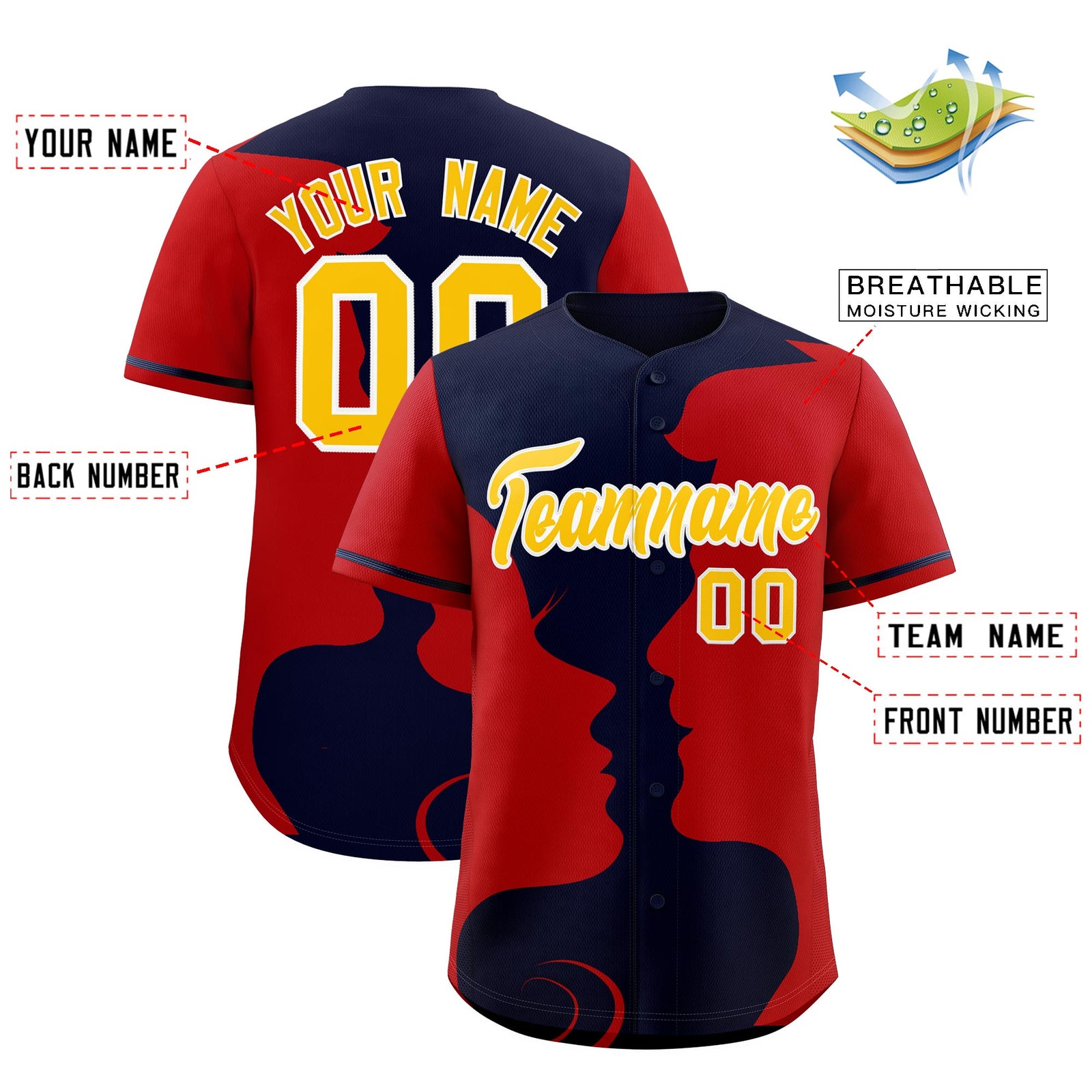 Custom Navy Red Silhouettes of Loving Couple Valentine's Day Baseball Jersey| KXKSHOP