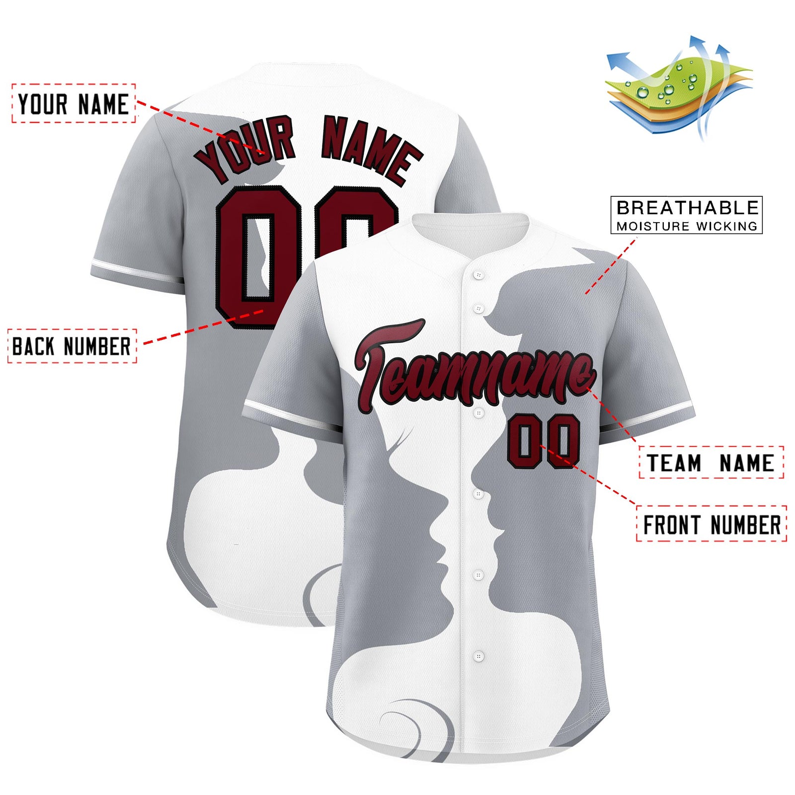 Custom Gray White Silhouettes of Loving Couple Valentine's Day Baseball Jersey| KXKSHOP
