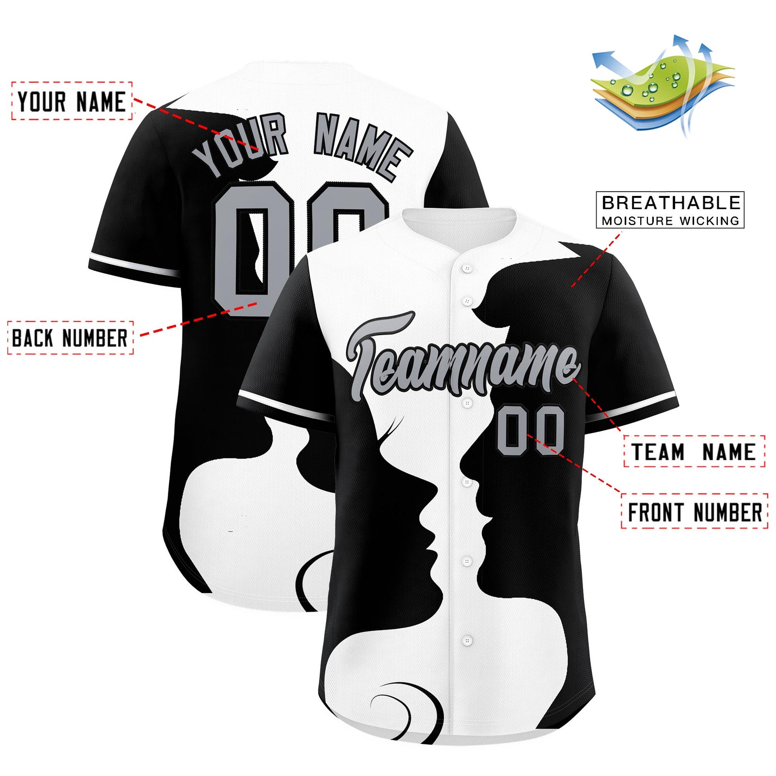 Custom White Black Silhouettes of Loving Couple Valentine's Day Baseball Jersey| KXKSHOP