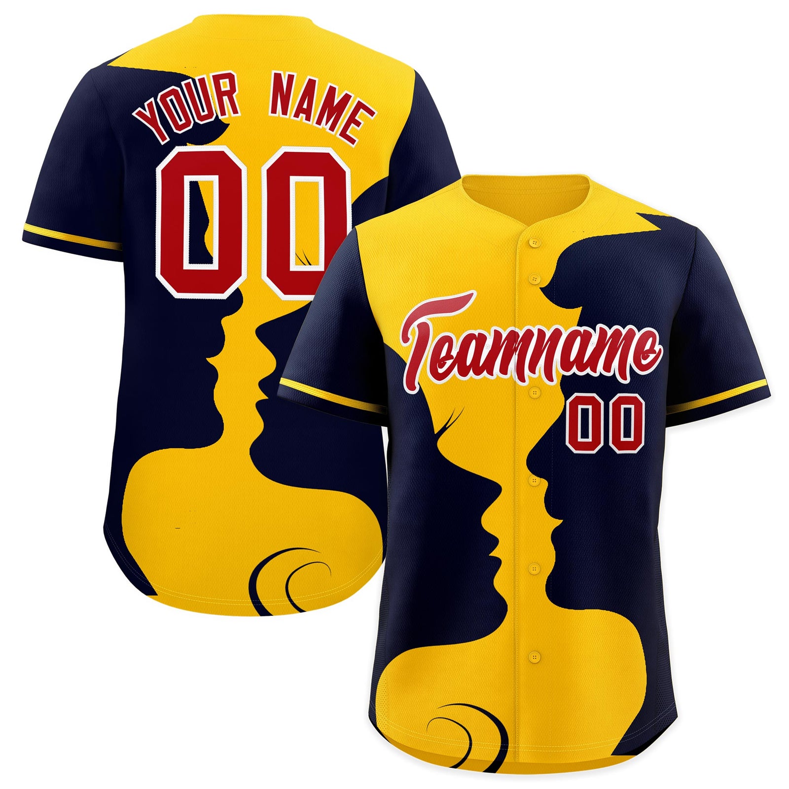 Custom Gold Navy Silhouettes of Loving Couple Valentine's Day Baseball Jersey| KXKSHOP
