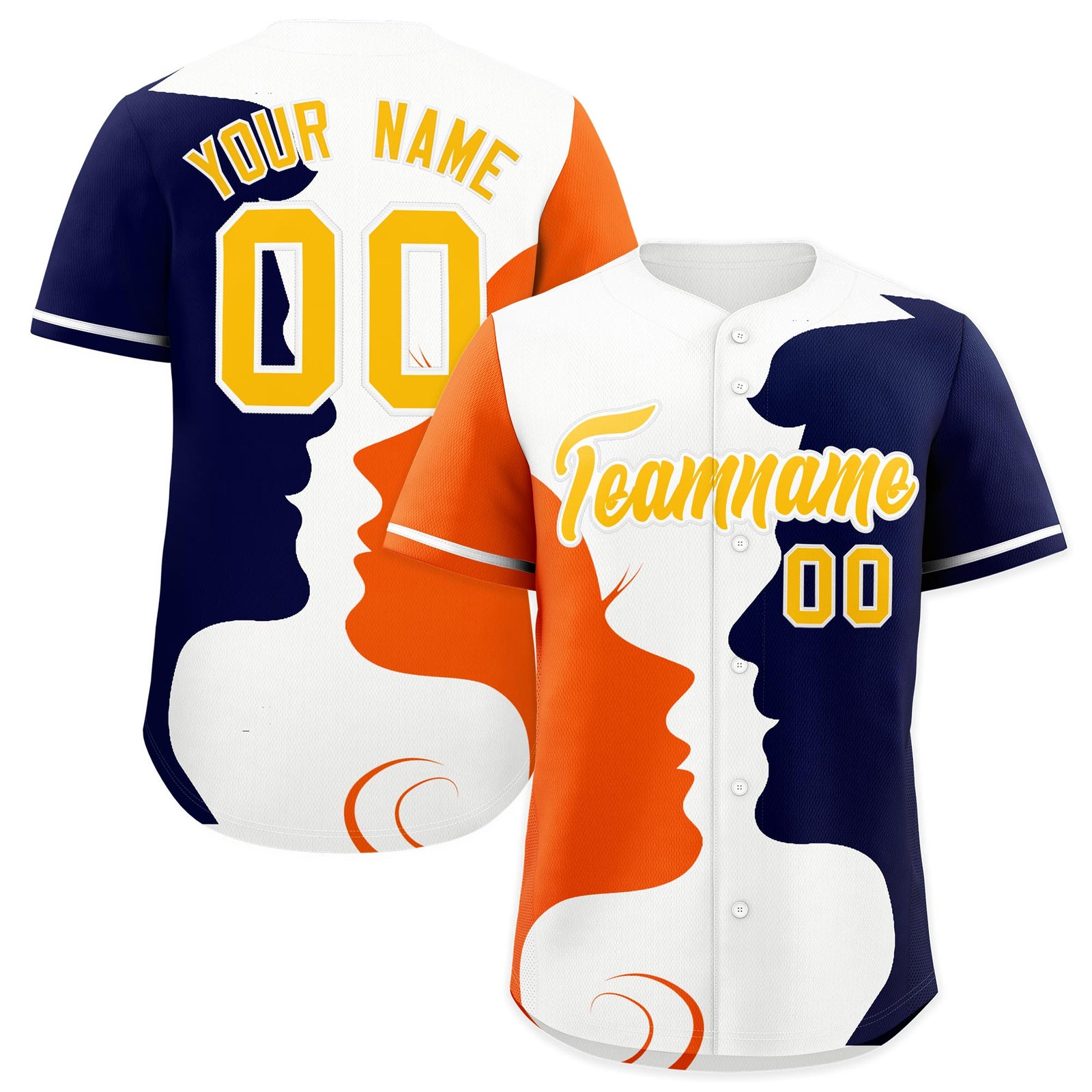 Custom White Orange Navy Silhouettes of Loving Couple Valentine's Day Baseball Jersey| KXKSHOP