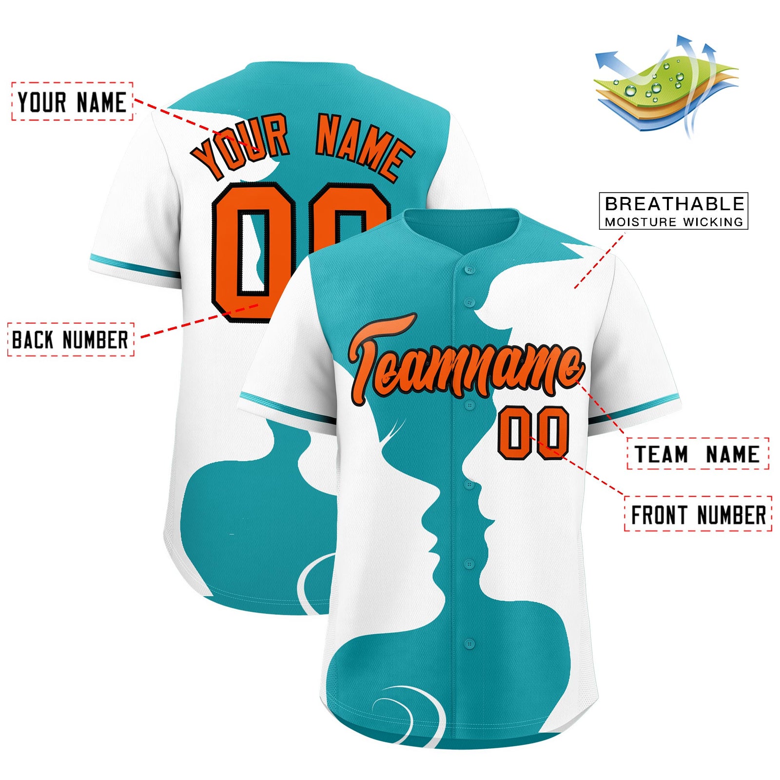 Custom Teal White Silhouettes of Loving Couple Valentine's Day Baseball Jersey| KXKSHOP