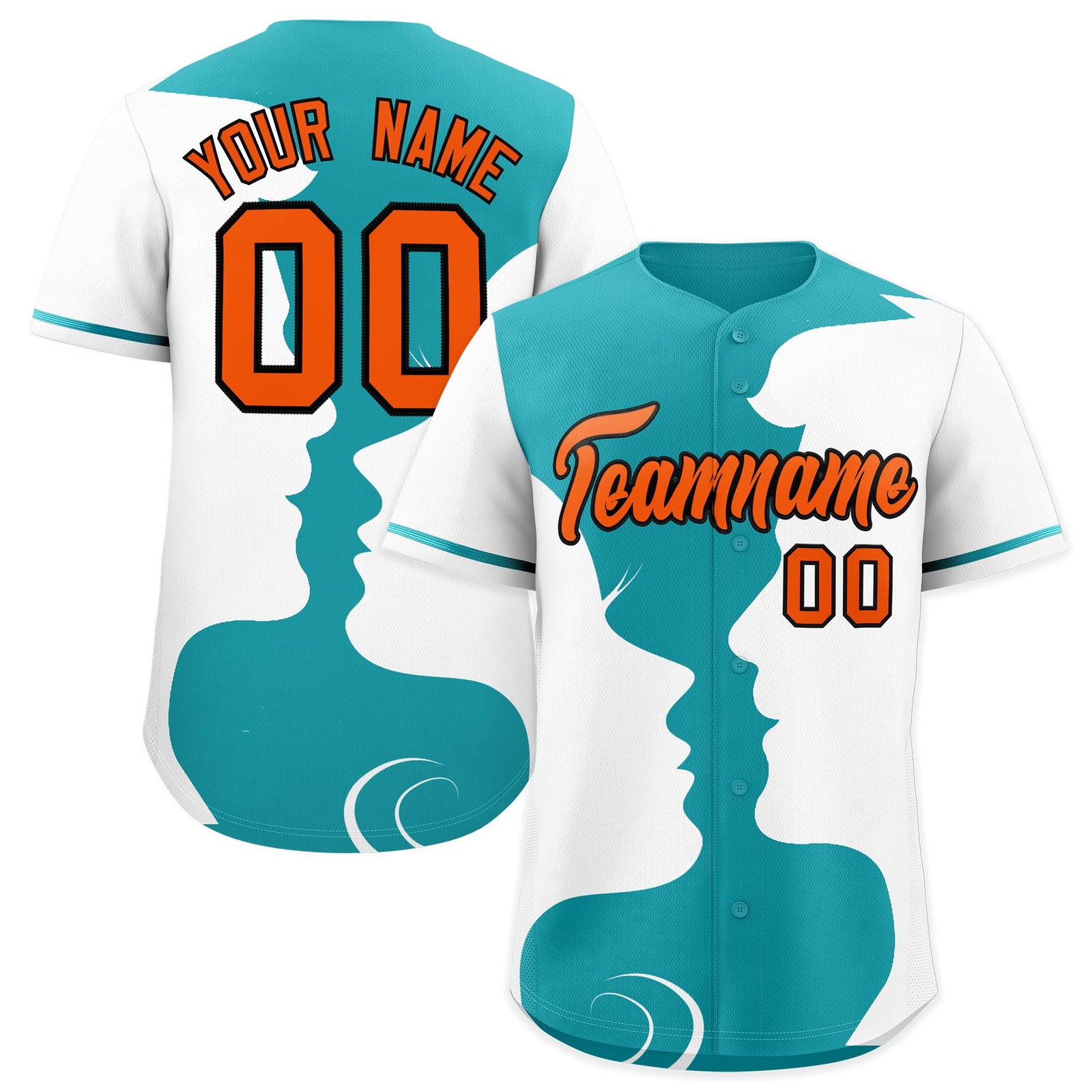 Custom Teal White Silhouettes of Loving Couple Valentine's Day Baseball Jersey| KXKSHOP