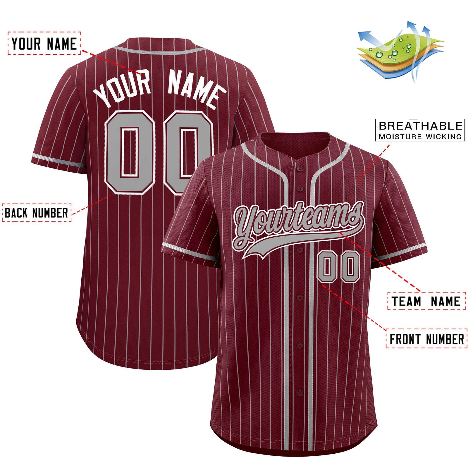 Custom Maroon Gray Stripe Fashion Authentic Baseball Jersey