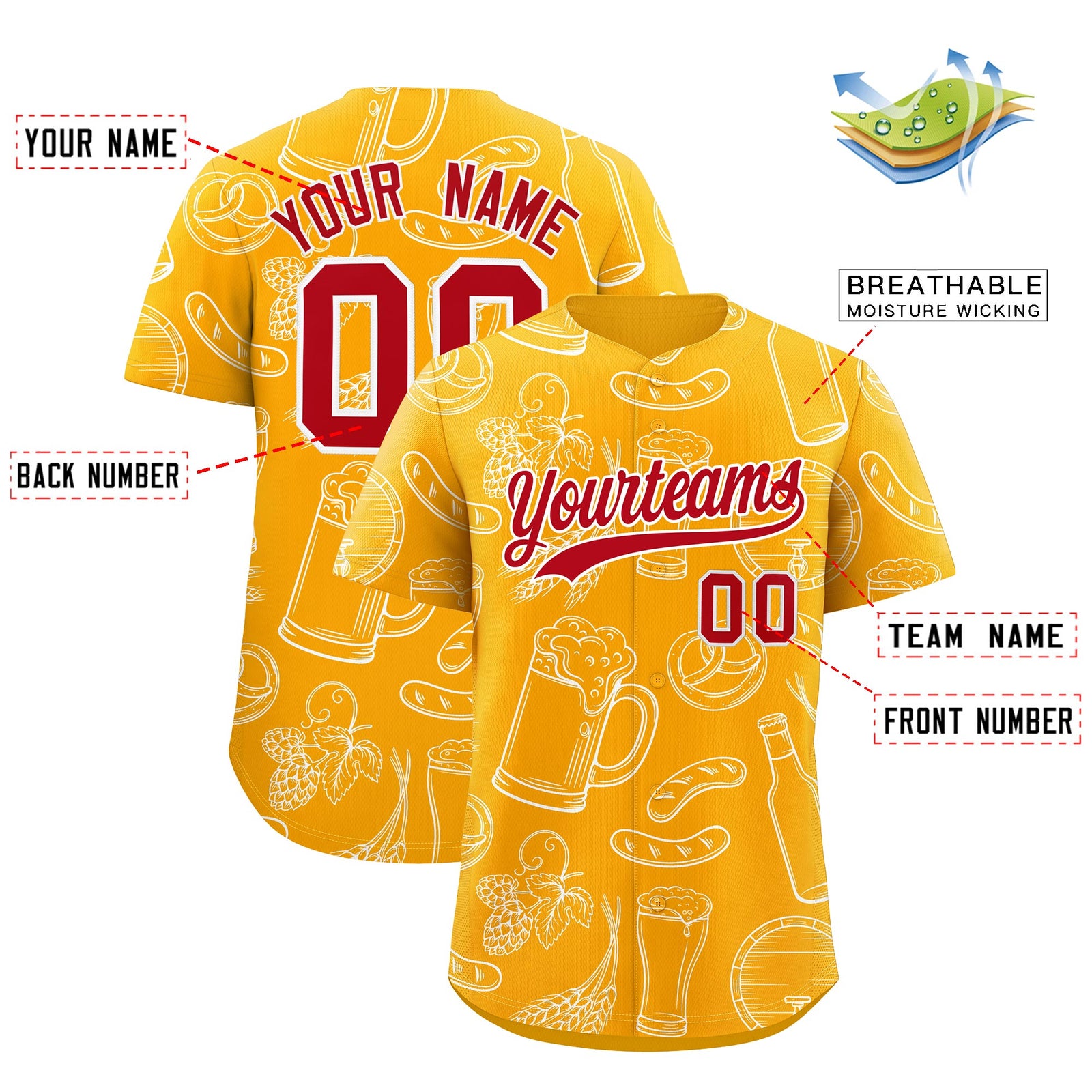 Custom Orange White National Beer Day Personalized Beer Pattern Baseball Jersey | Suitable For Groups Or Parties | KXKSHOP