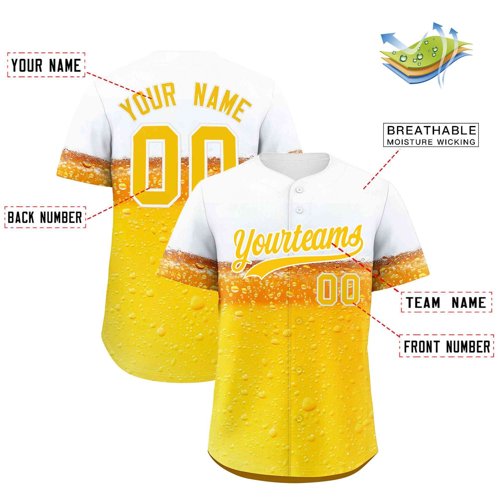 Custom Gold White National Beer Day Personalized Beer Pattern Baseball Jersey | Suitable For Groups Or Parties | KXKSHOP