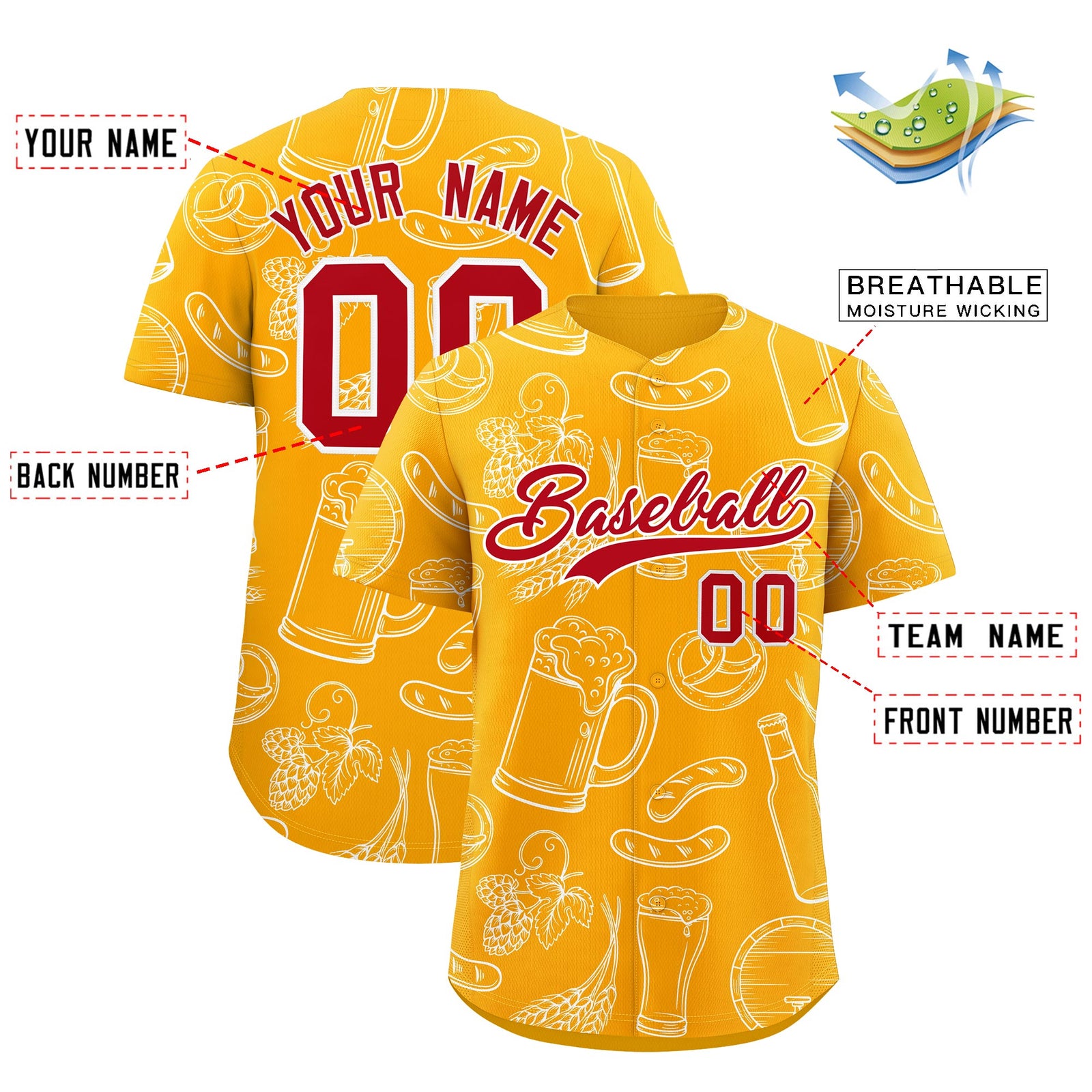Custom Orange White National Beer Day Personalized Beer Pattern Baseball Jersey | Suitable For Groups Or Parties | KXKSHOP