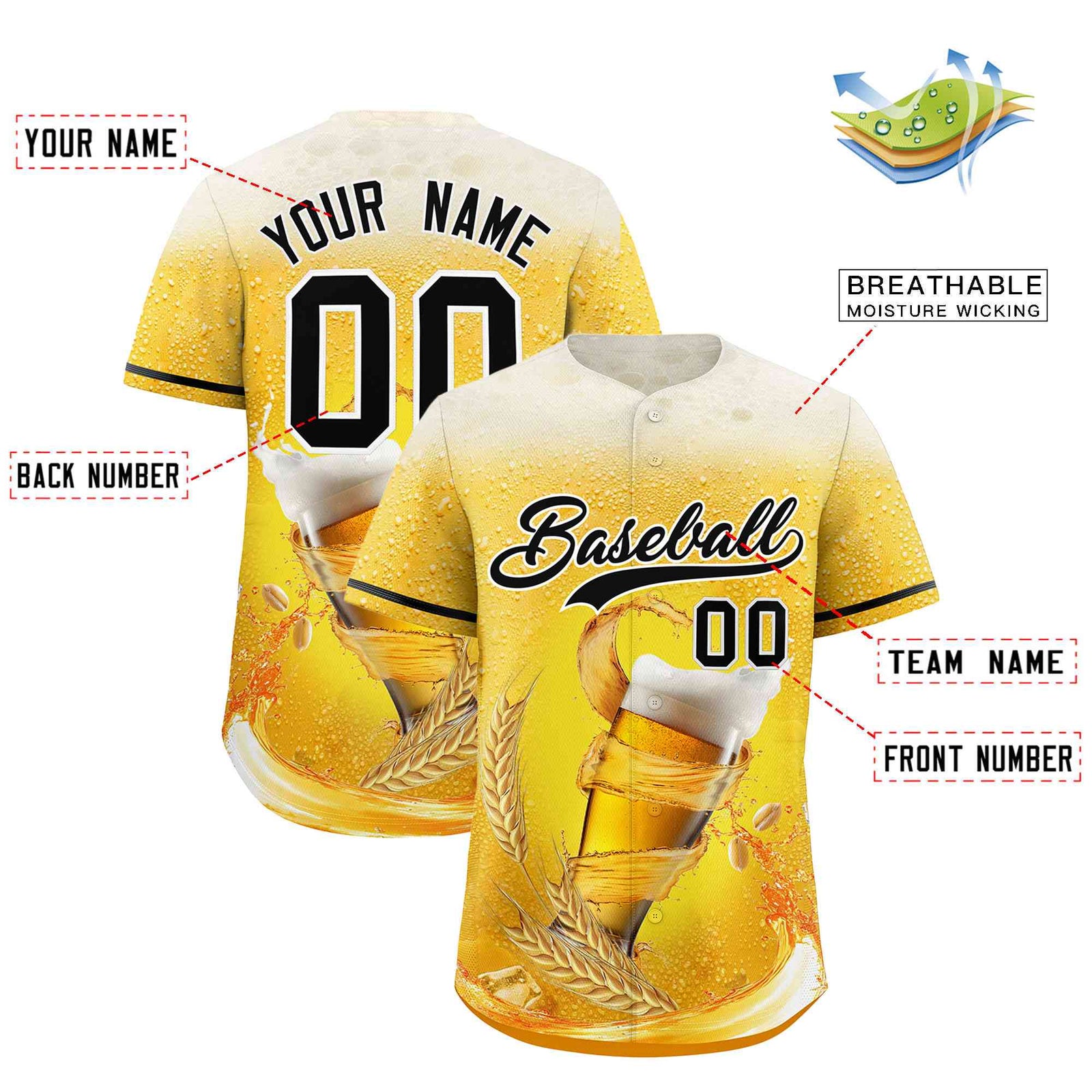 Custom Gold Black National Beer Day Personalized Beer Pattern Baseball Jersey | Suitable For Groups Or Parties | KXKSHOP