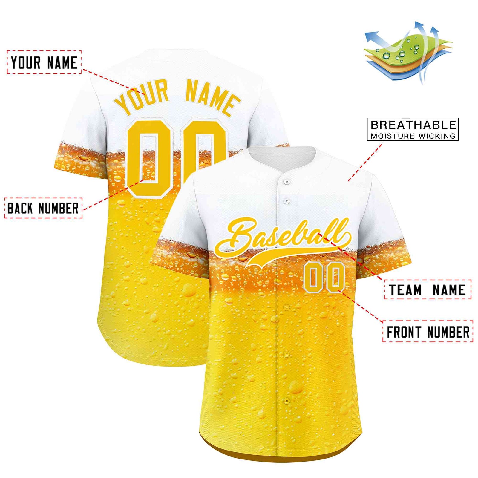 Custom Gold White National Beer Day Personalized Beer Pattern Baseball Jersey | Suitable For Groups Or Parties | KXKSHOP