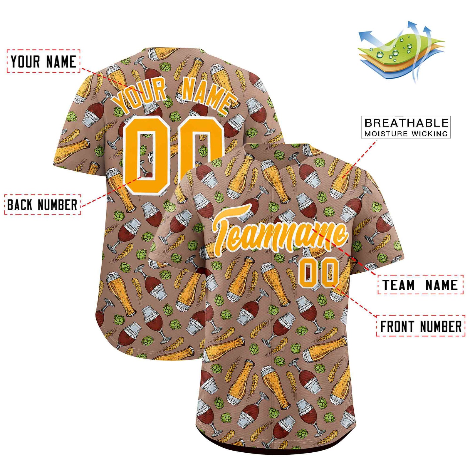 Custom Old Gold National Beer Day Personalized Beer Pattern Baseball Jersey | Suitable For Groups Or Parties | KXKSHOP