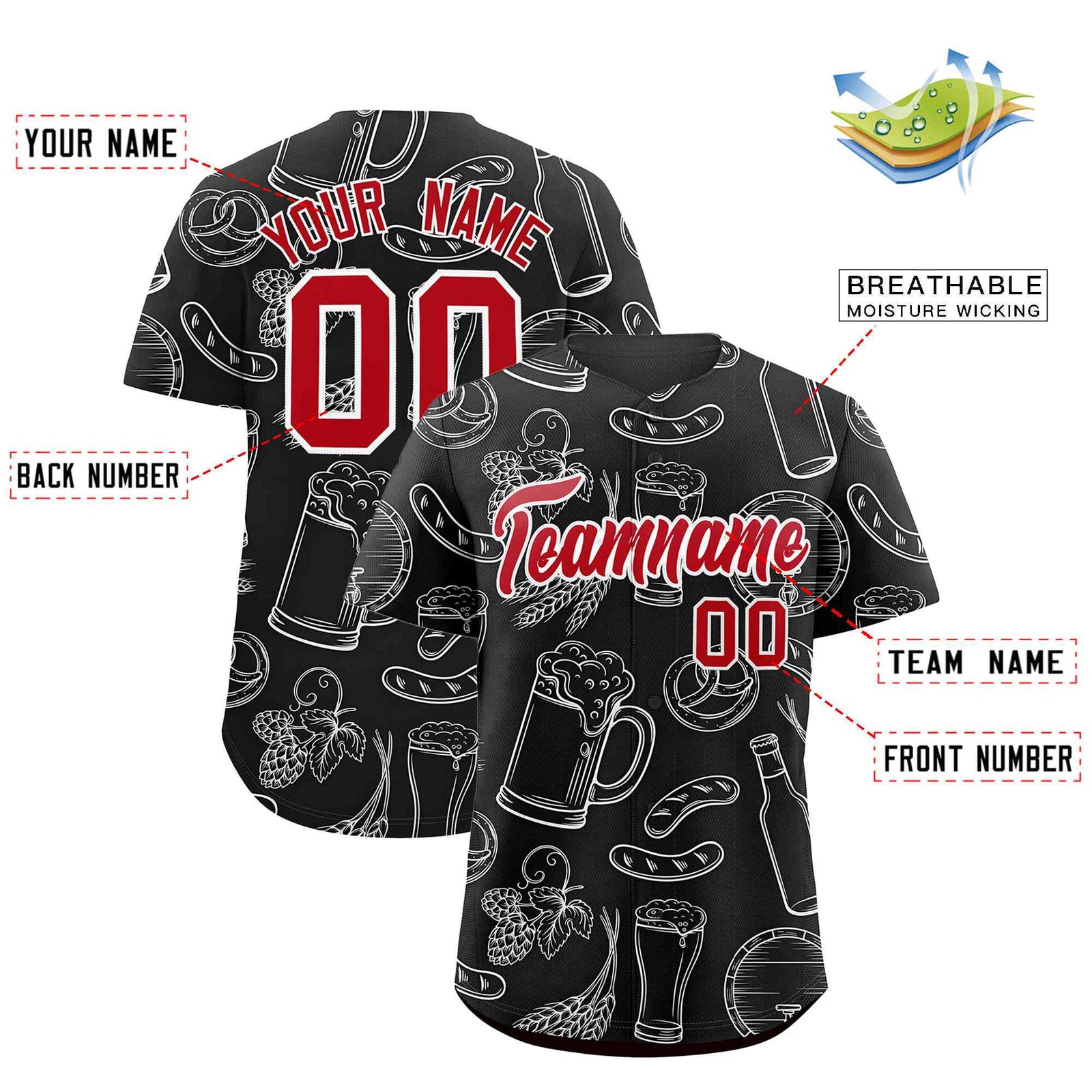 Custom Black White National Beer Day Personalized Beer Pattern Baseball Jersey | Suitable For Groups Or Parties | KXKSHOP