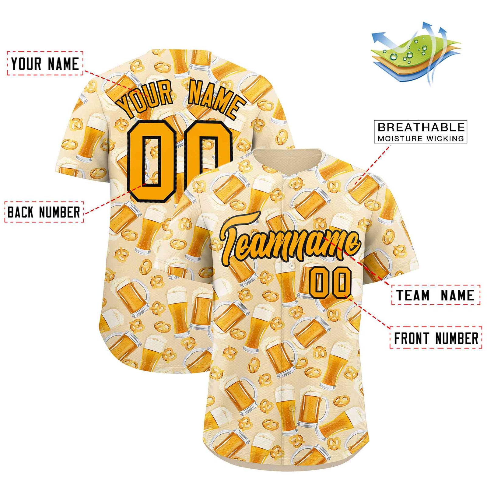 Custom Cream Orange National Beer Day Personalized Beer Pattern Baseball Jersey | Suitable For Groups Or Parties | KXKSHOP