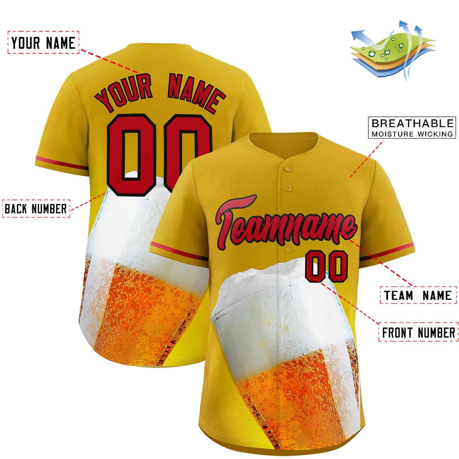 Custom Old Gold Red National Beer Day Personalized Beer Pattern Baseball Jersey | Suitable For Groups Or Parties | KXKSHOP