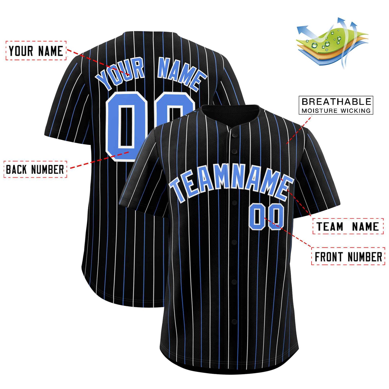 Custom Black Powder Blue and White Bi-Color Stripes Fashion Authentic Baseball Jersey