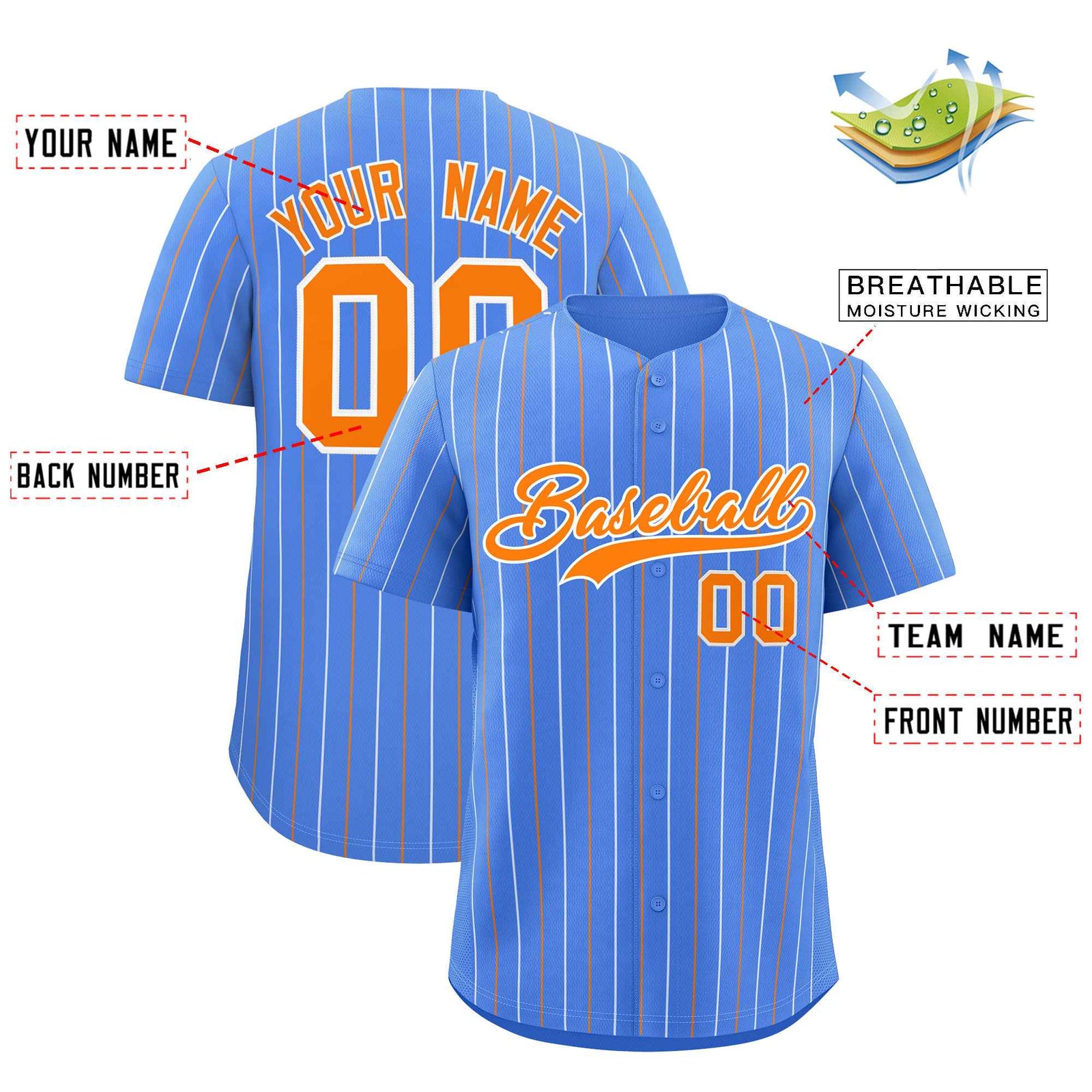 Custom Powder Blue Orange and White Bi-Color Stripes Fashion Authentic Baseball Jersey