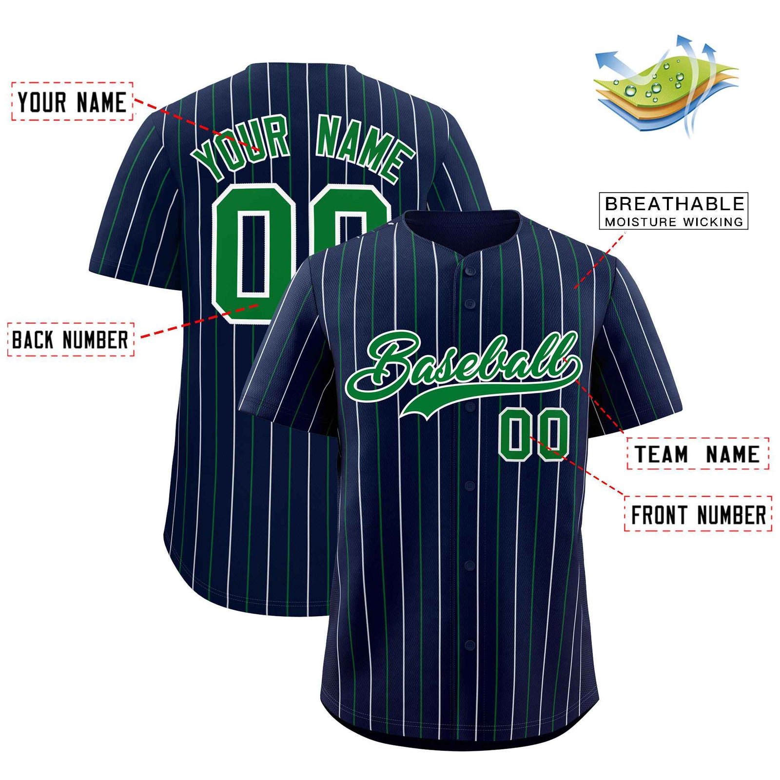 Custom Navy Kelly Green and White Bi-Color Stripes Fashion Authentic Baseball Jersey