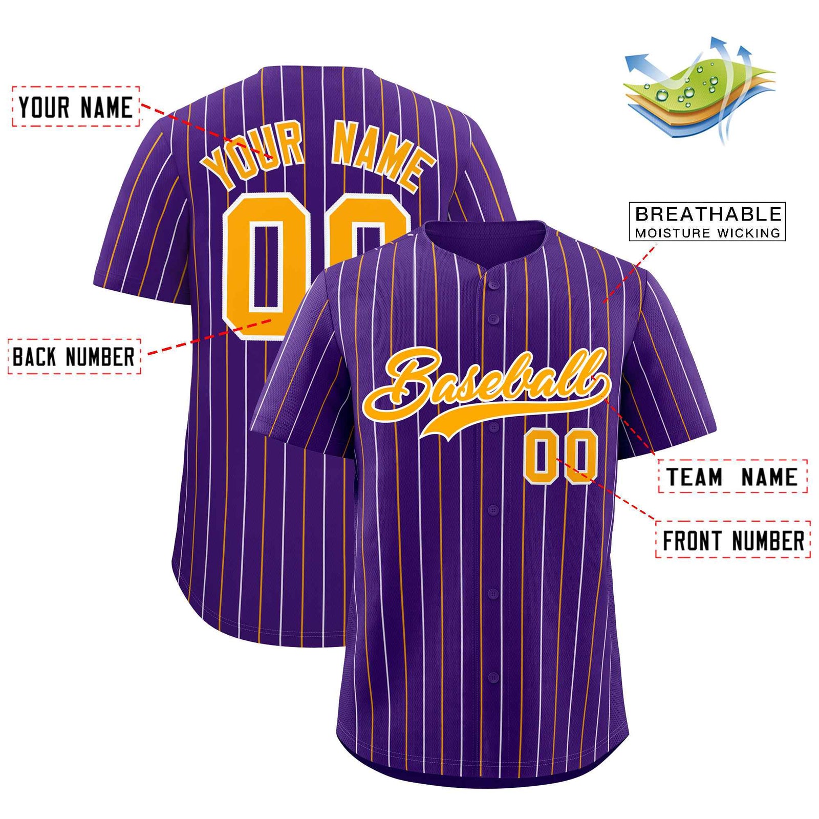 Custom Purple Yellow and White Bi-Color Stripes Fashion Authentic Baseball Jersey