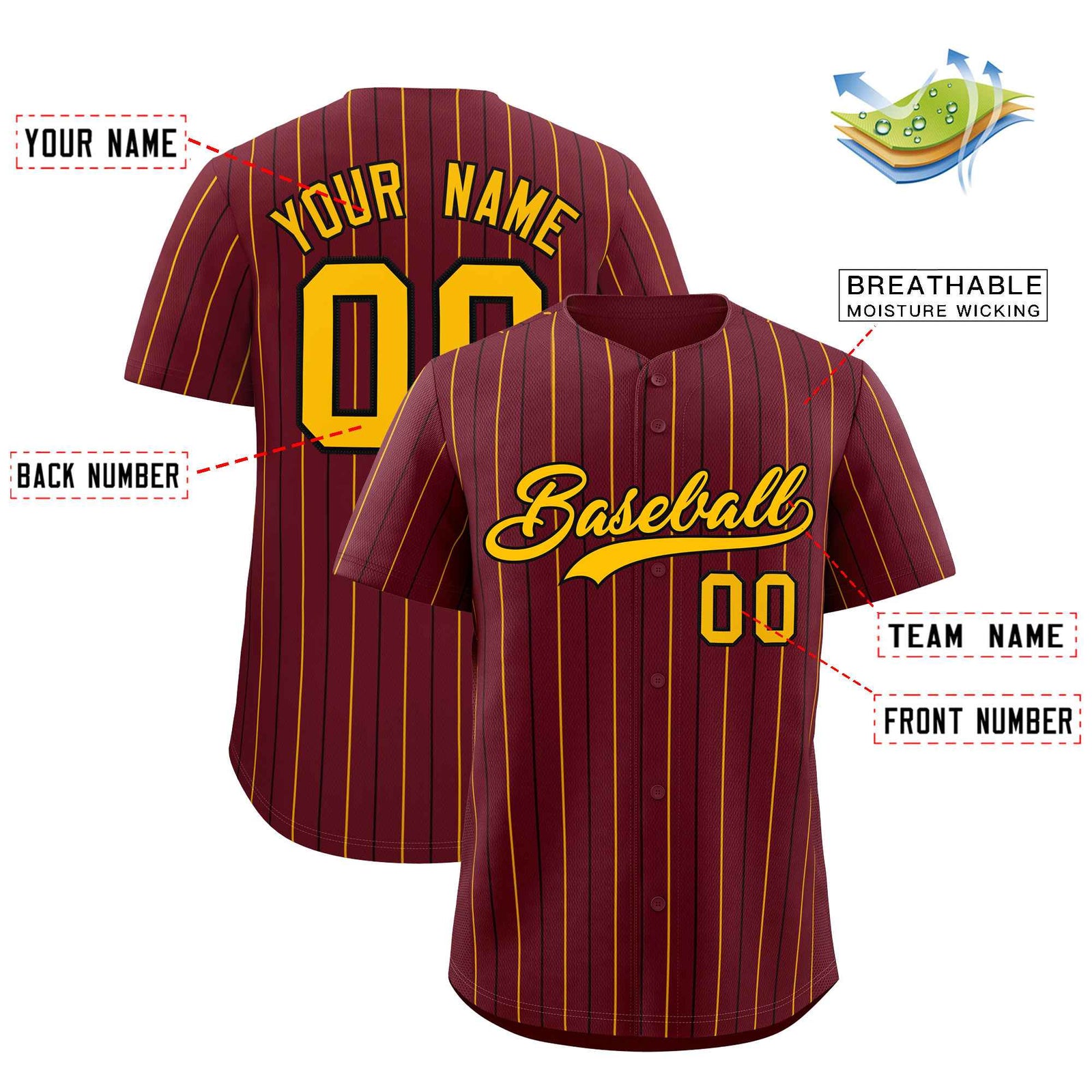 Custom Burgundy Yellow and Black Bi-Color Stripes Fashion Authentic Baseball Jersey