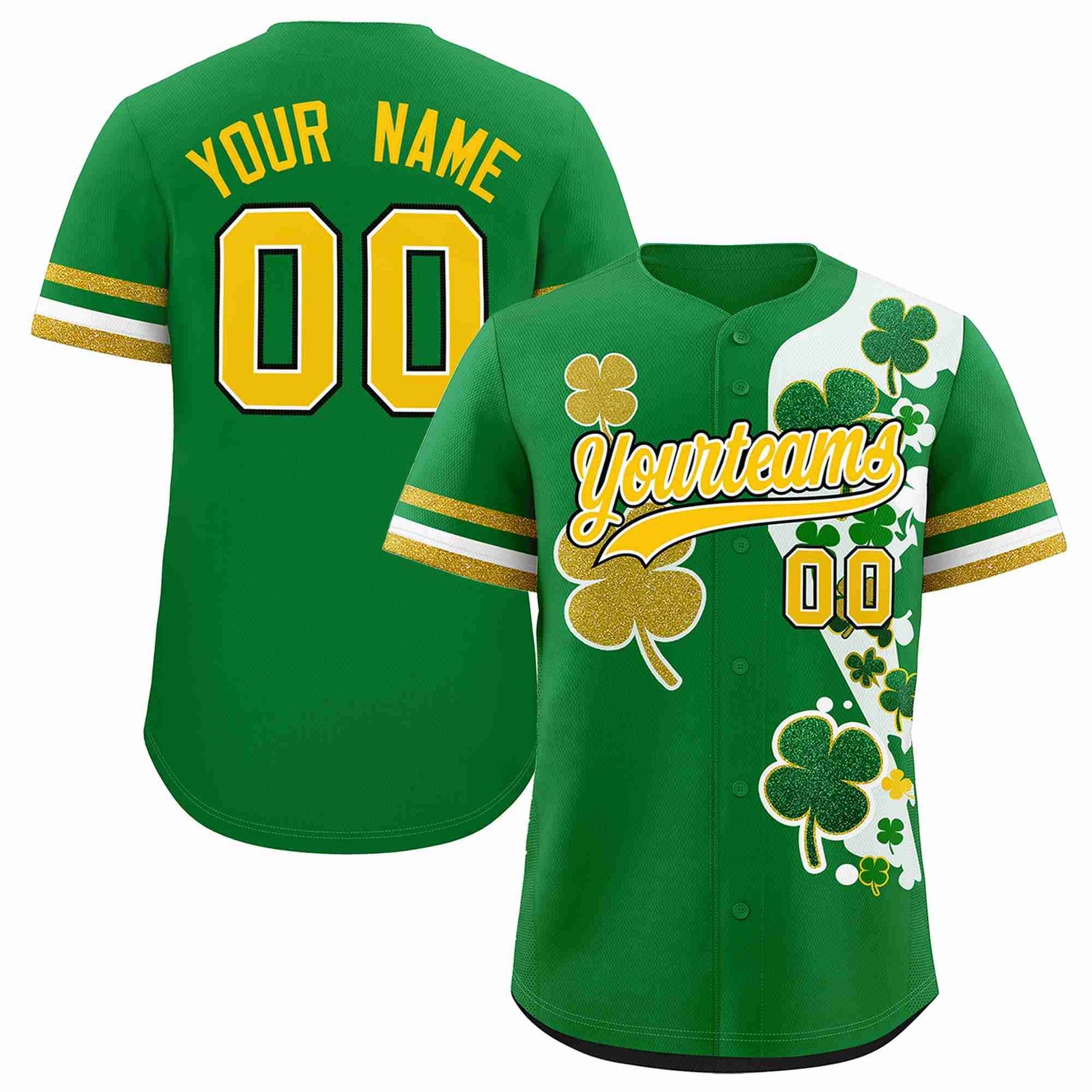 Custom Kelly Green Gold St.Patrick's Day Personalized Four Leaf Clover Pattern Baseball Jersey