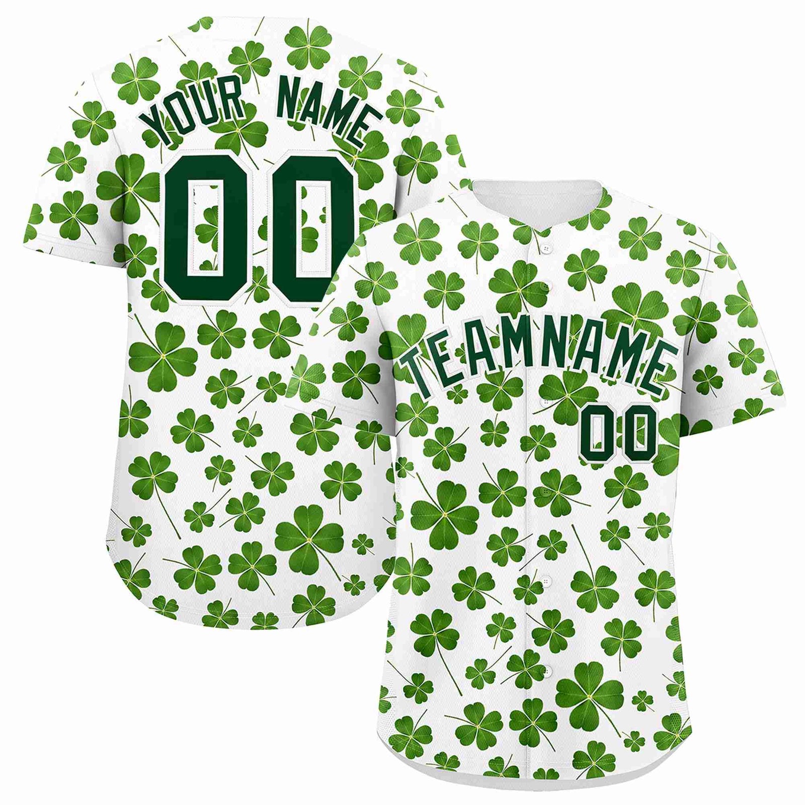 Custom White Green St.Patrick's Day Personalized Four Leaf Clover Pattern Baseball Jersey