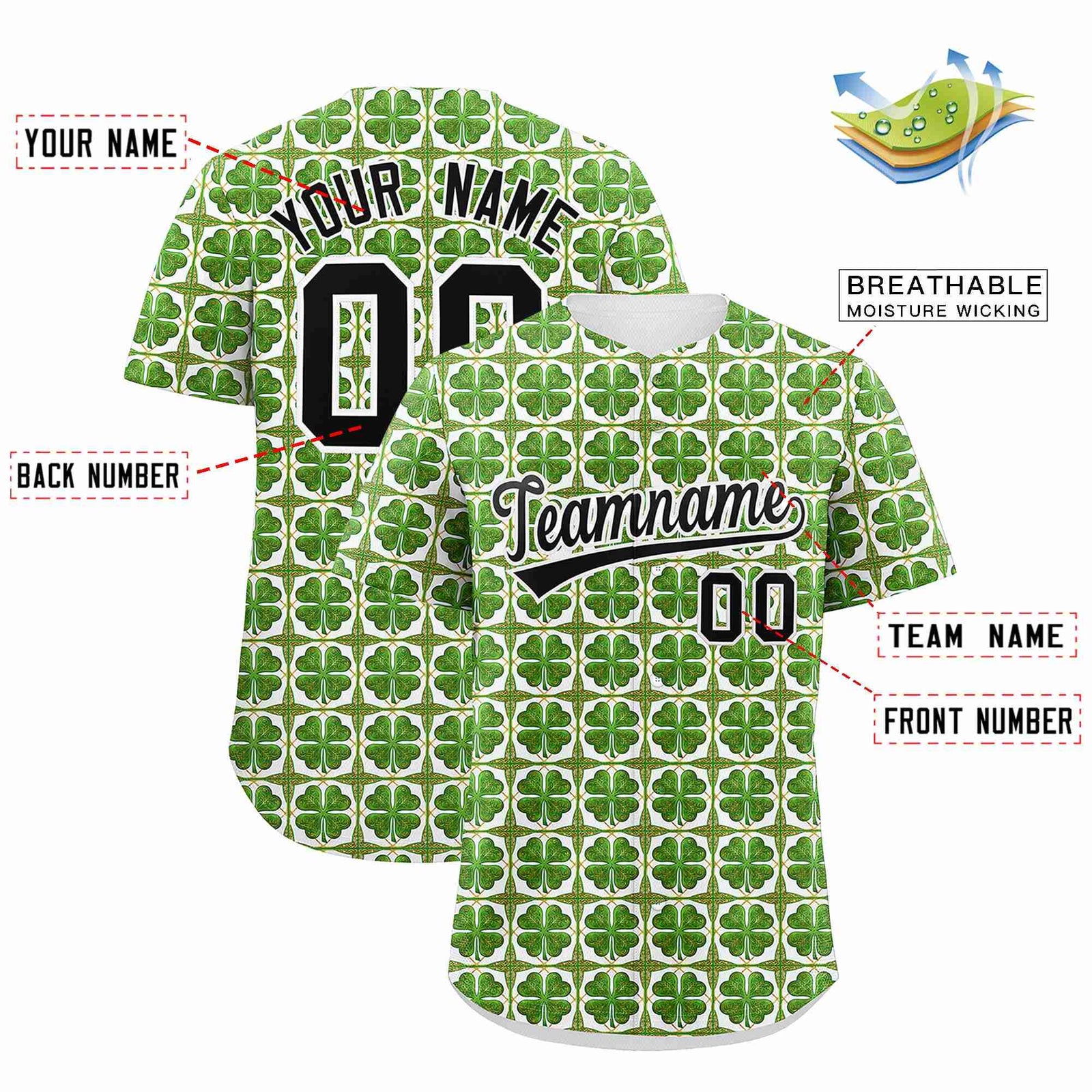 Custom White Black St.Patrick's Day Personalized Four Leaf Clover Pattern Baseball Jersey| KXKSHOP