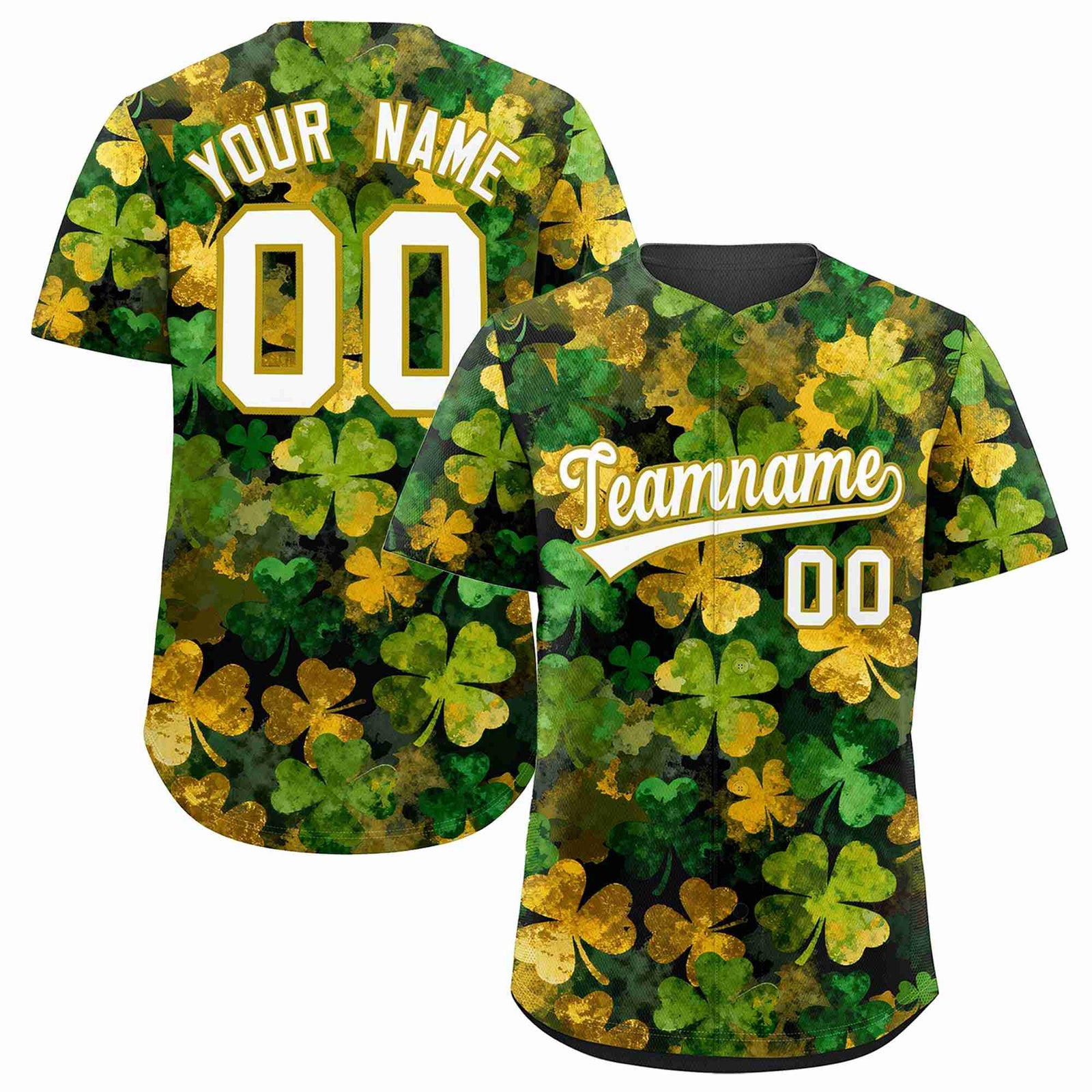 Custom Black White St.Patrick's Day Personalized Four Leaf Clover Pattern Baseball Jersey| KXKSHOP