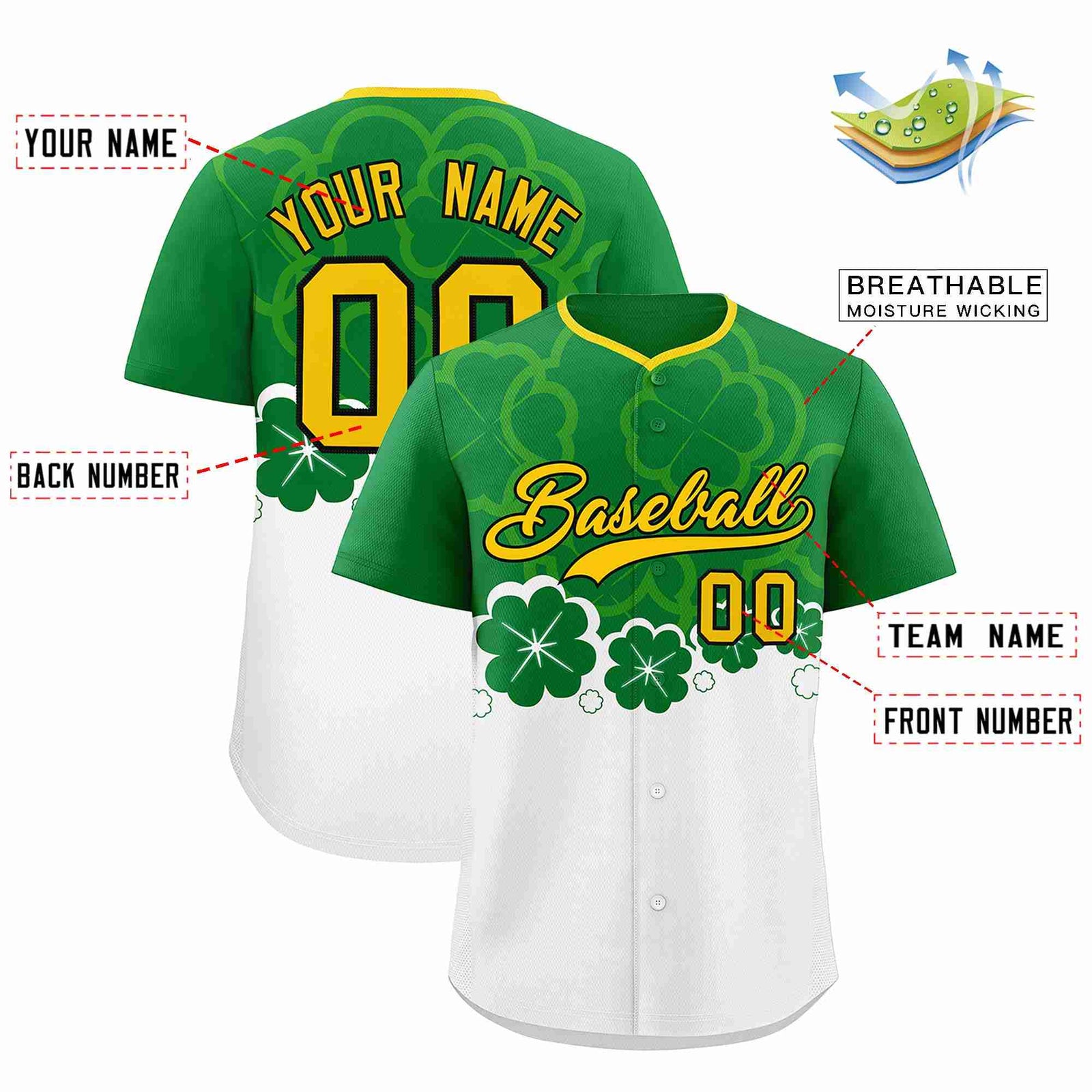 Custom White Kelly Green St.Patrick's Day Personalized Four Leaf Clover Pattern Baseball Jersey