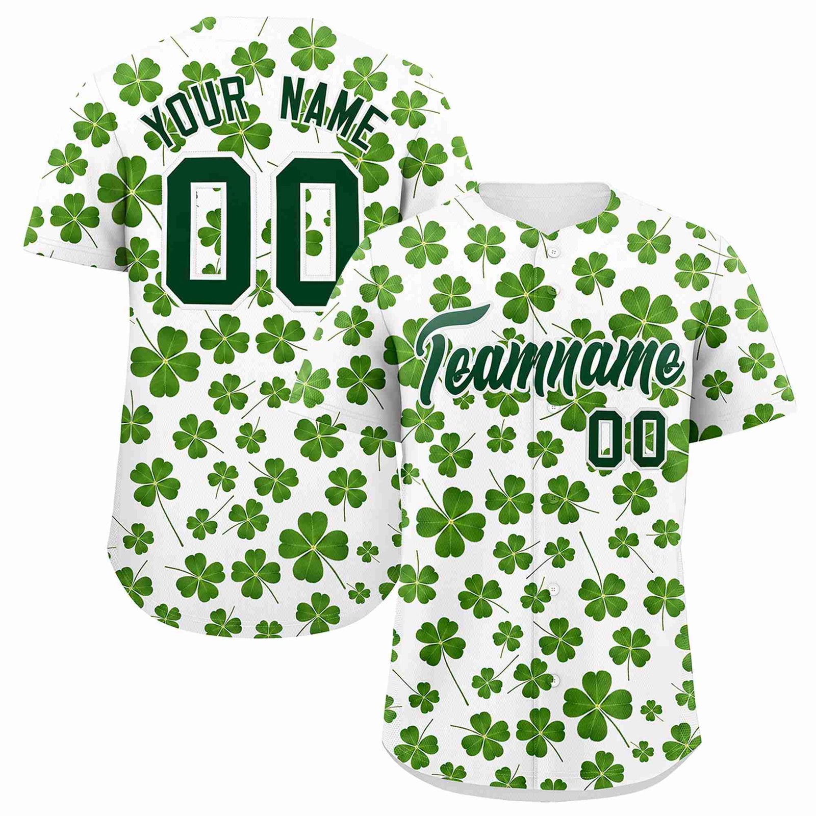 Custom White Green St.Patrick's Day Personalized Four Leaf Clover Pattern Baseball Jersey