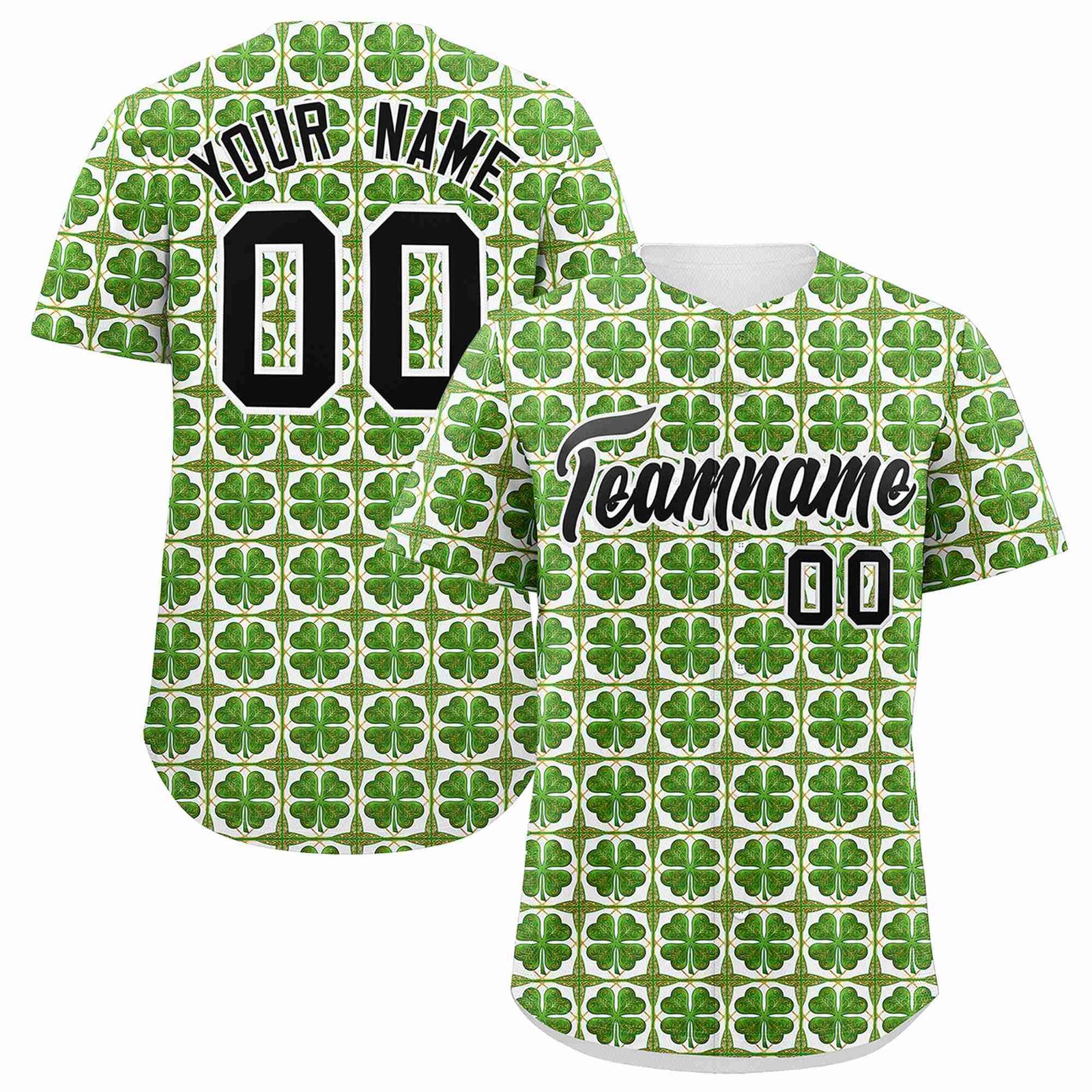 Custom White Black St.Patrick's Day Personalized Four Leaf Clover Pattern Baseball Jersey