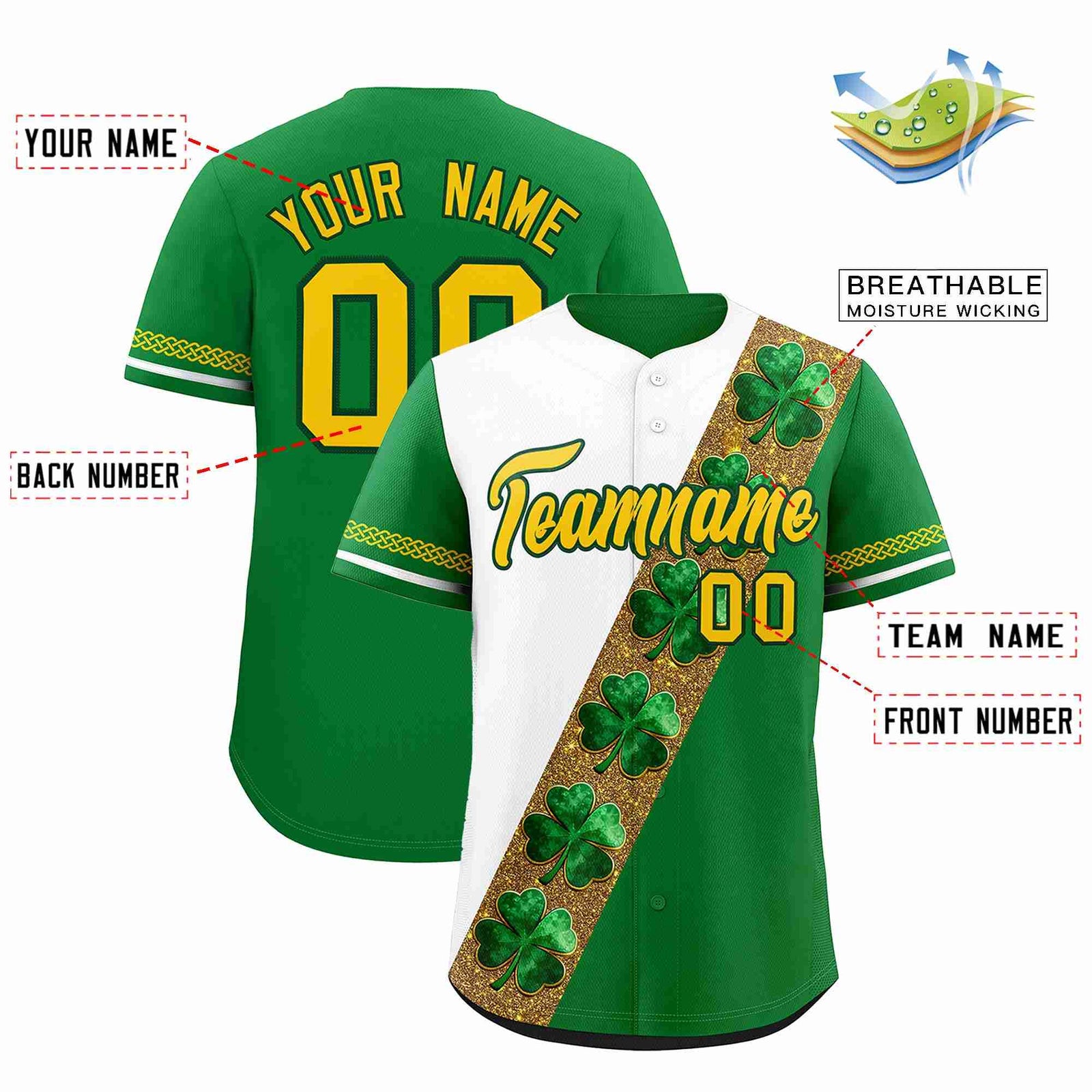 Custom White Kelly Green St.Patrick's Day Personalized Four Leaf Clover Pattern Baseball Jersey