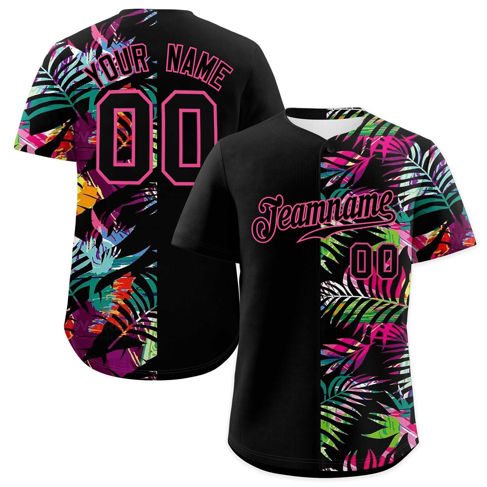 Custom Black Pink Tropical Palm Leaves Authentic Baseball Jersey