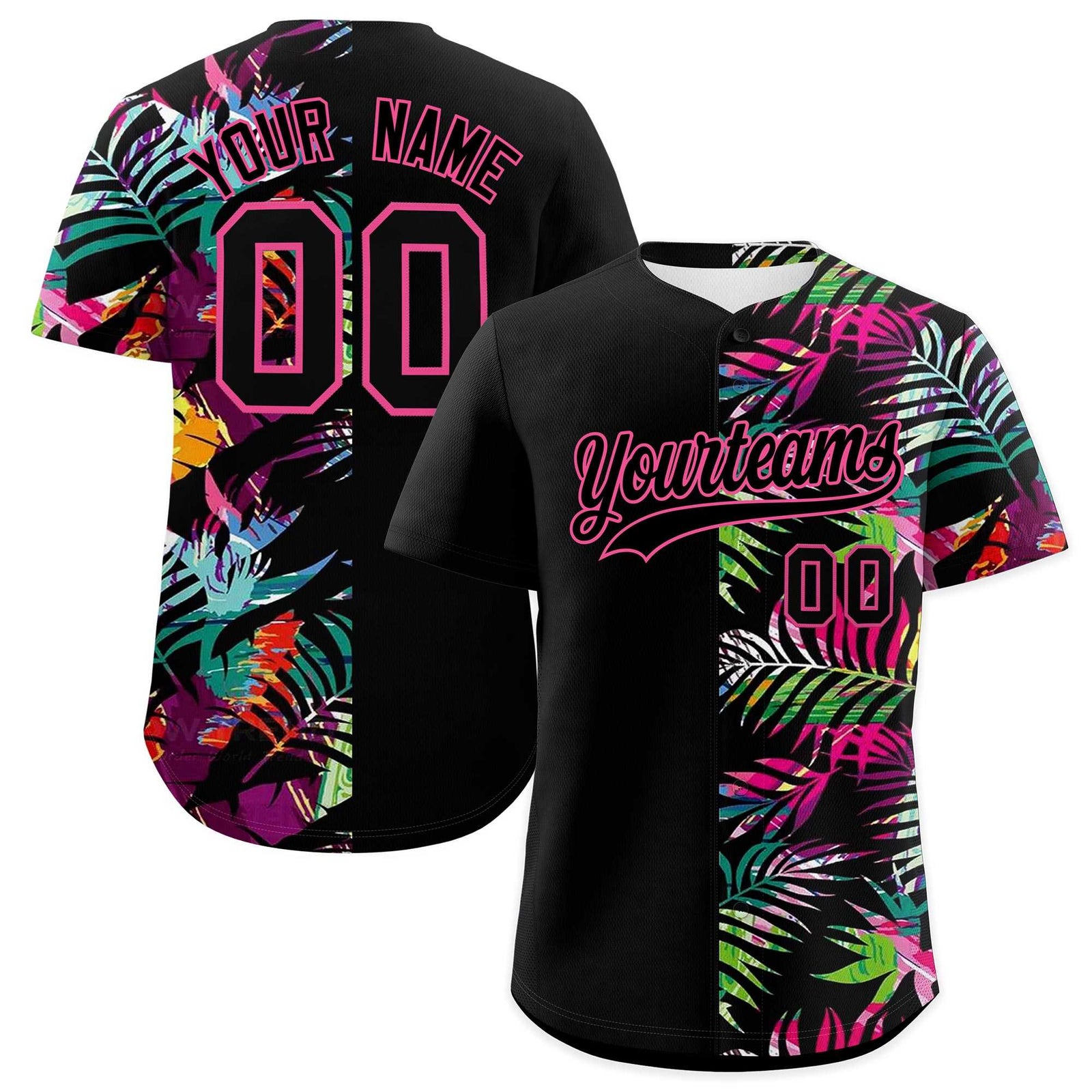 Custom Black Pink Tropical Palm Leaves Authentic Baseball Jersey