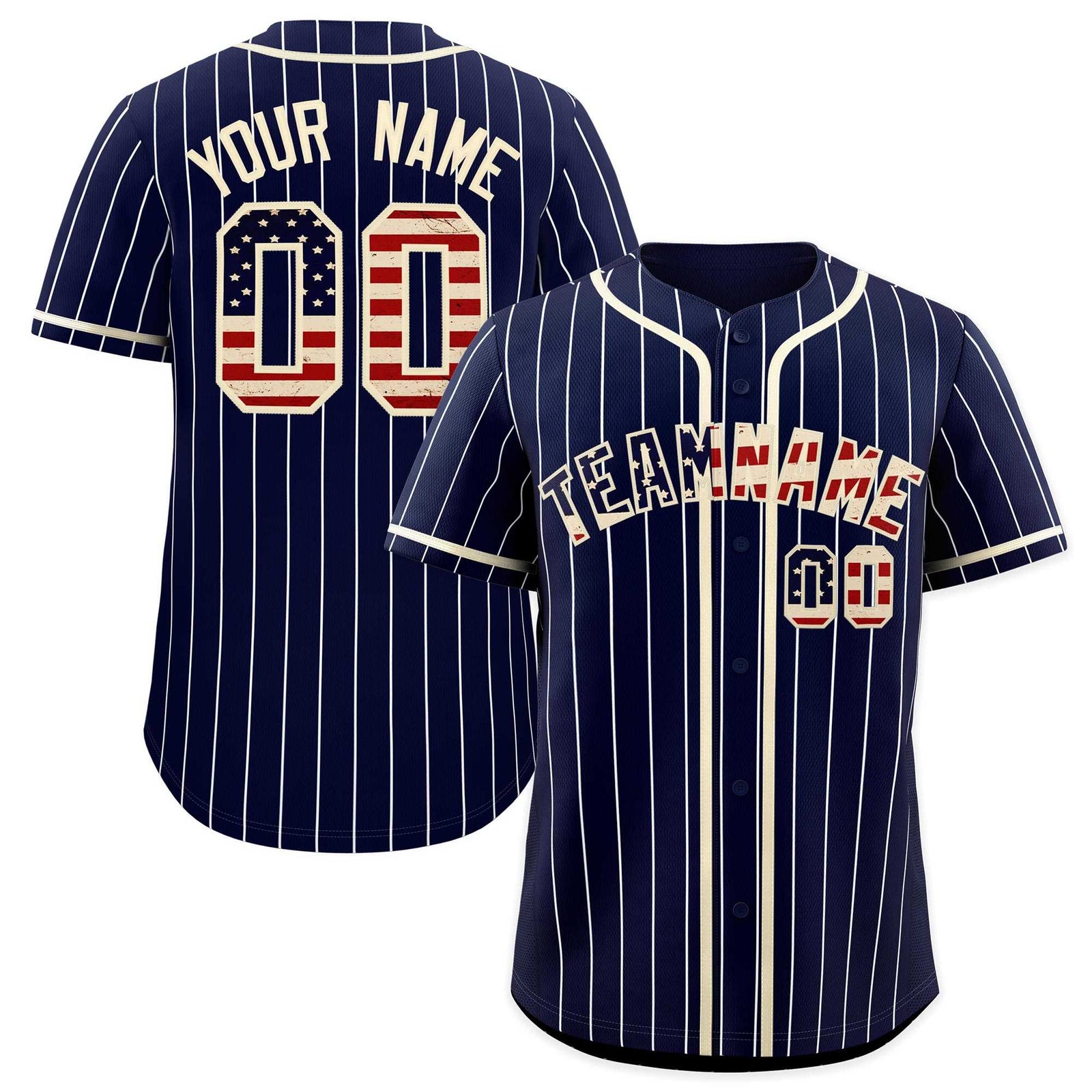 Custom Navy Cream Pinstripe Vintage USA Flag Authentic Baseball Jersey
