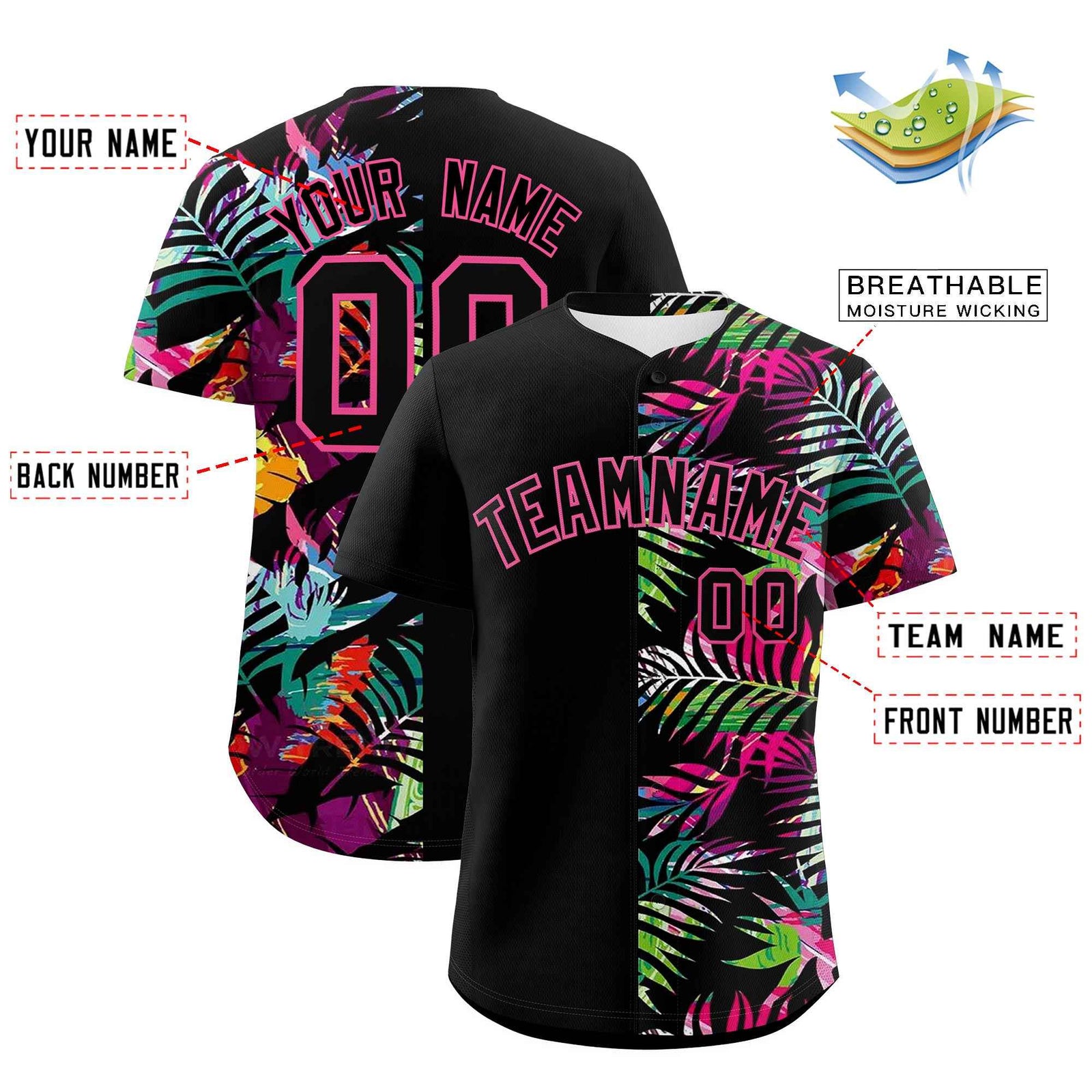 Custom Black Pink Tropical Palm Leaves Authentic Baseball Jersey