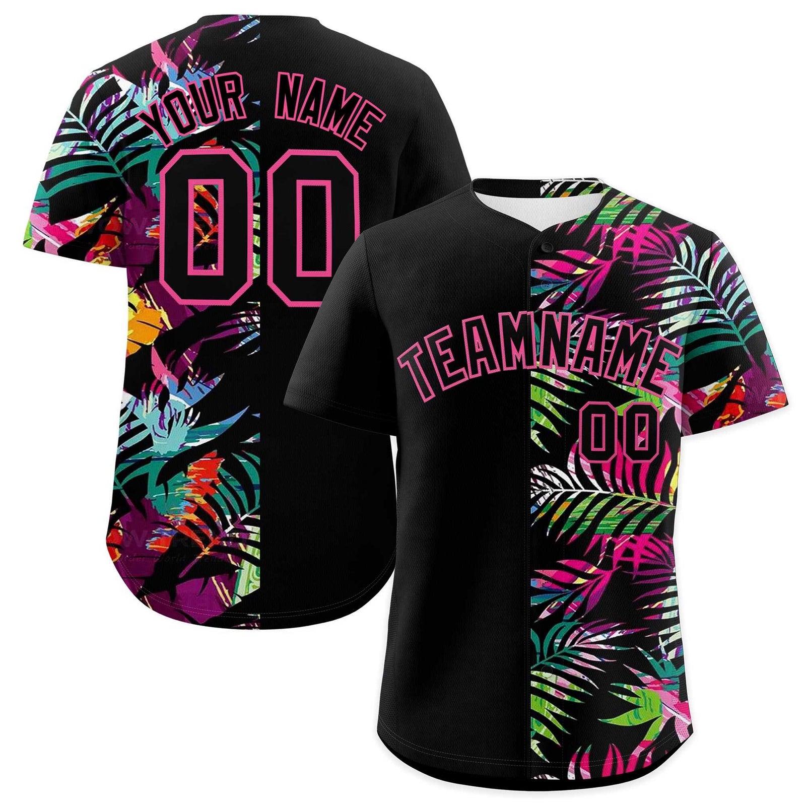 Custom Black Pink Tropical Palm Leaves Authentic Baseball Jersey