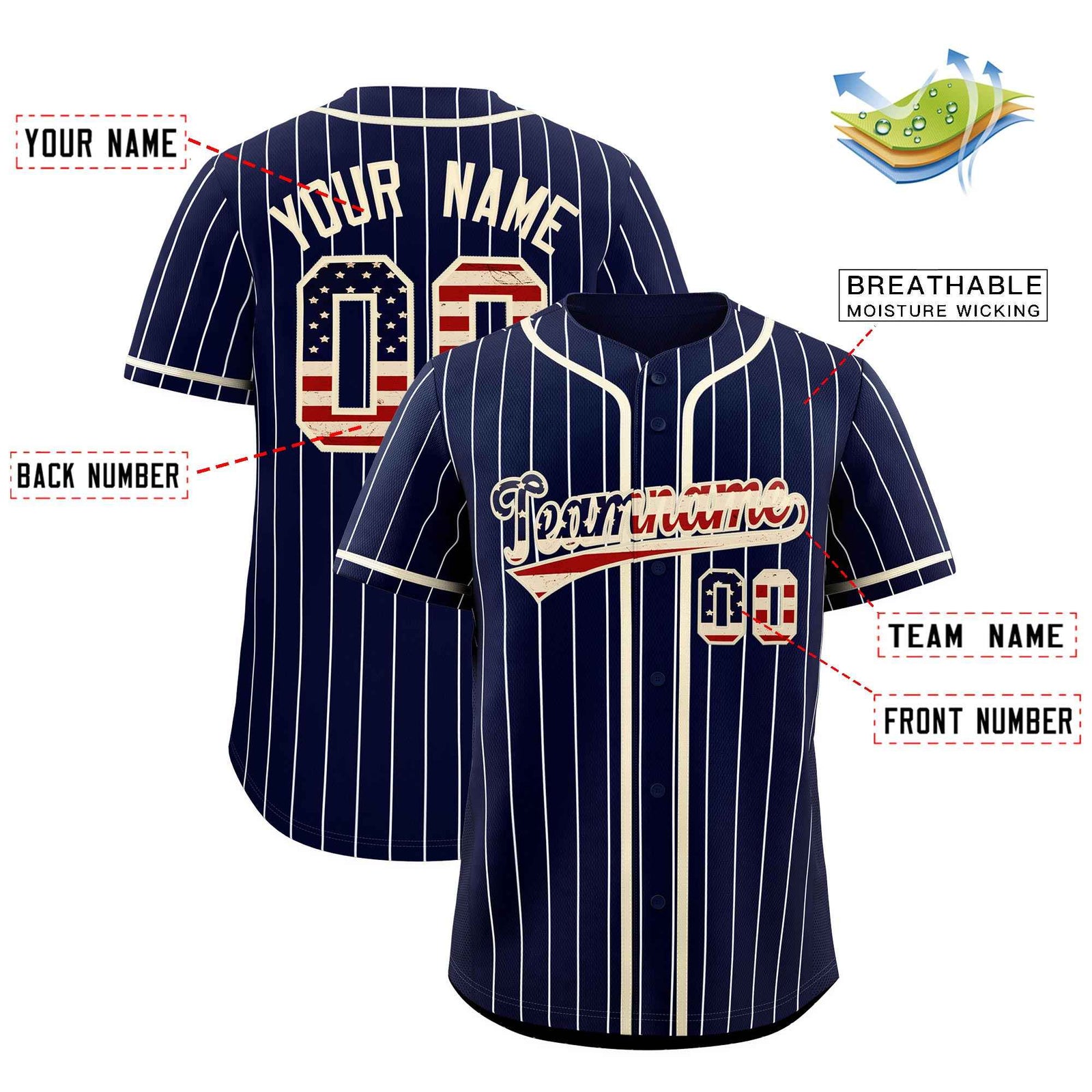 Custom Navy Cream Pinstripe Vintage USA Flag Authentic Baseball Jersey| KXKSHOP