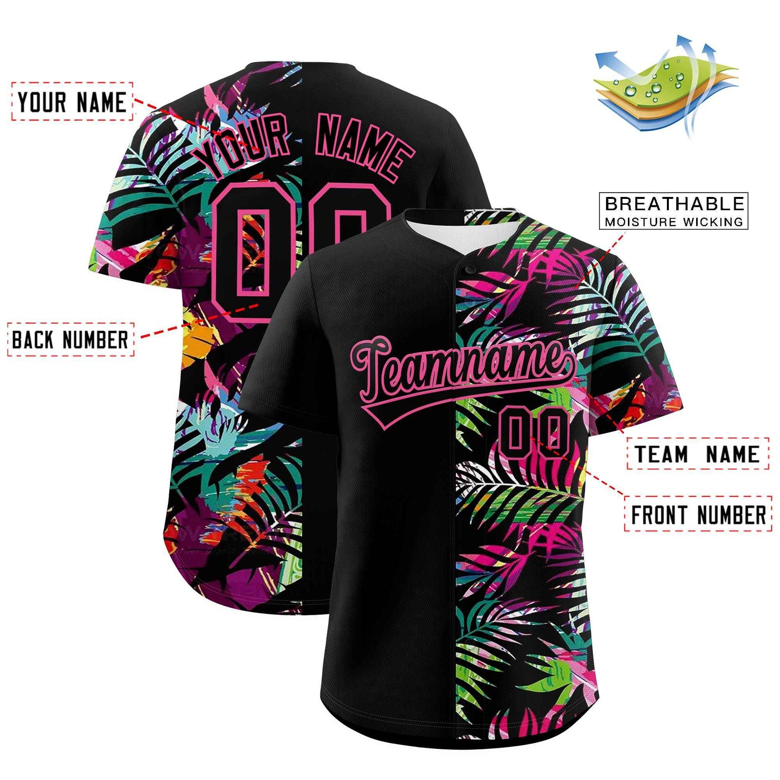 Custom Black Pink Tropical Palm Leaves Authentic Baseball Jersey| KXKSHOP