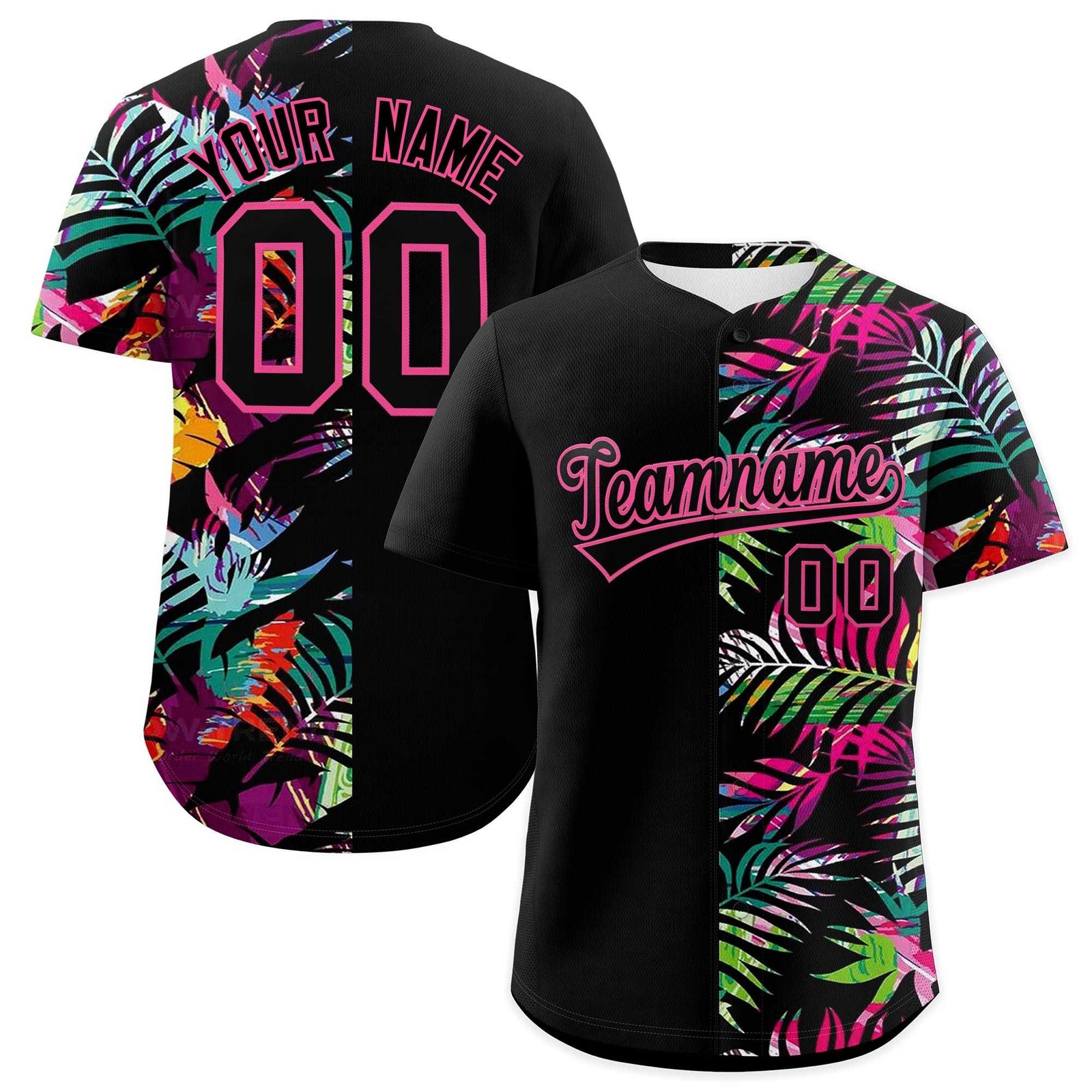Custom Black Pink Tropical Palm Leaves Authentic Baseball Jersey| KXKSHOP