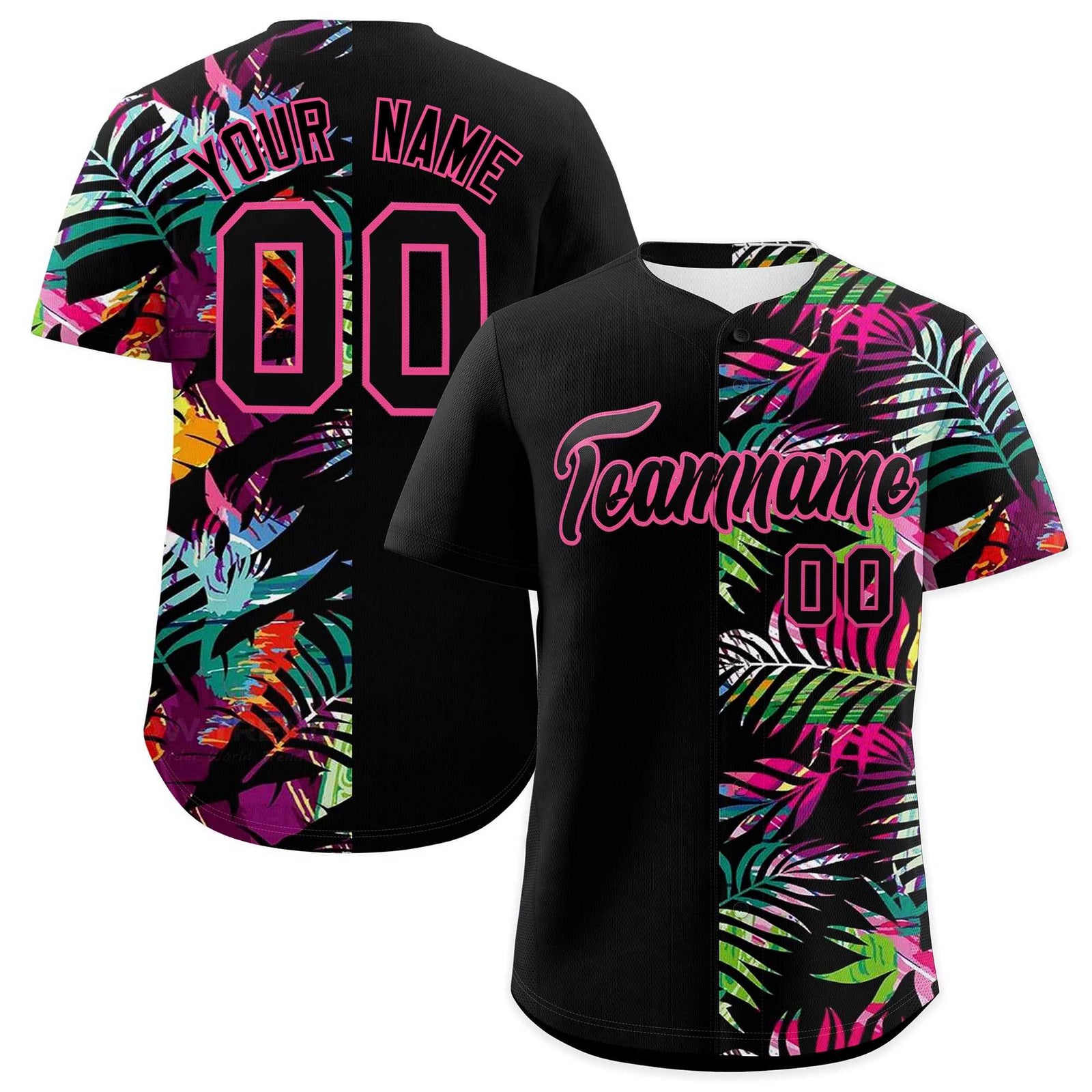 Custom Black Pink Tropical Palm Leaves Authentic Baseball Jersey