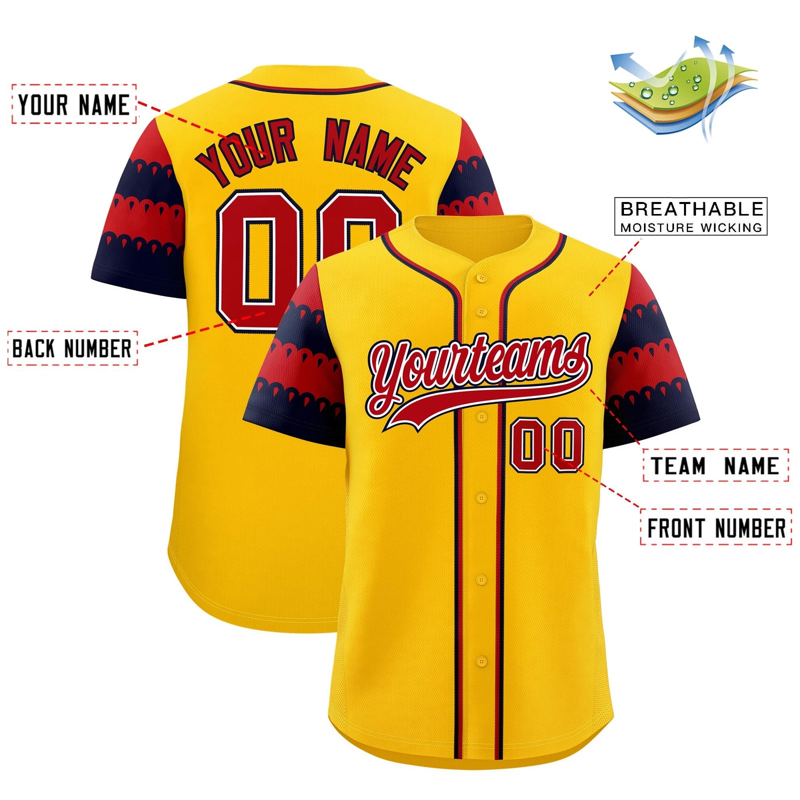 Custom Gold Navy Red Sleeve Flag Lace Baseball Jersey | Sublimation Printed & Embroidery,Add Name and Numbern,Perfect for Teams | KXKSHOP