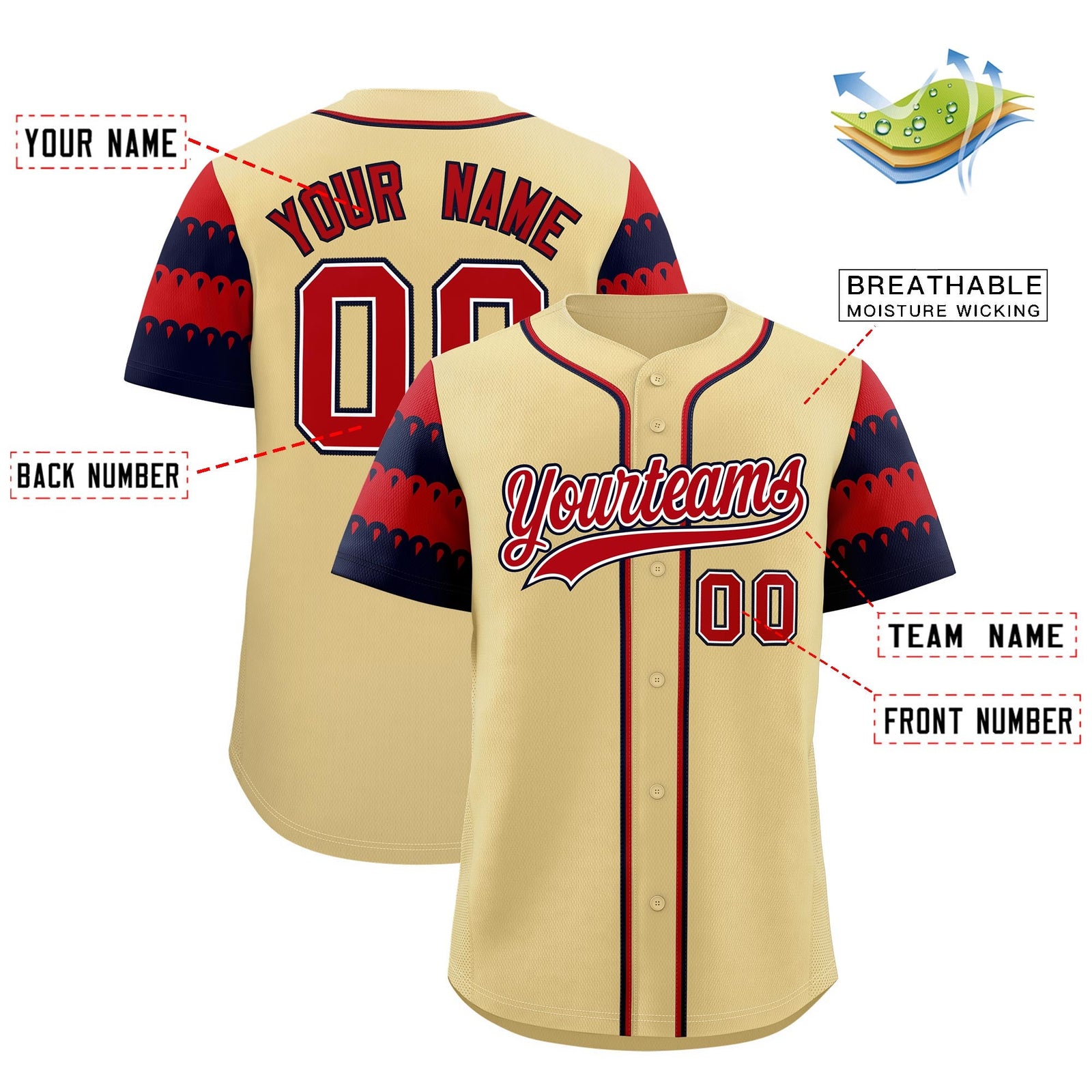 Custom Khaki Red Navy Sleeve Flag Lace Baseball Jersey | Sublimation Printed & Embroidery,Add Name and Numbern,Perfect for Teams | KXKSHOP