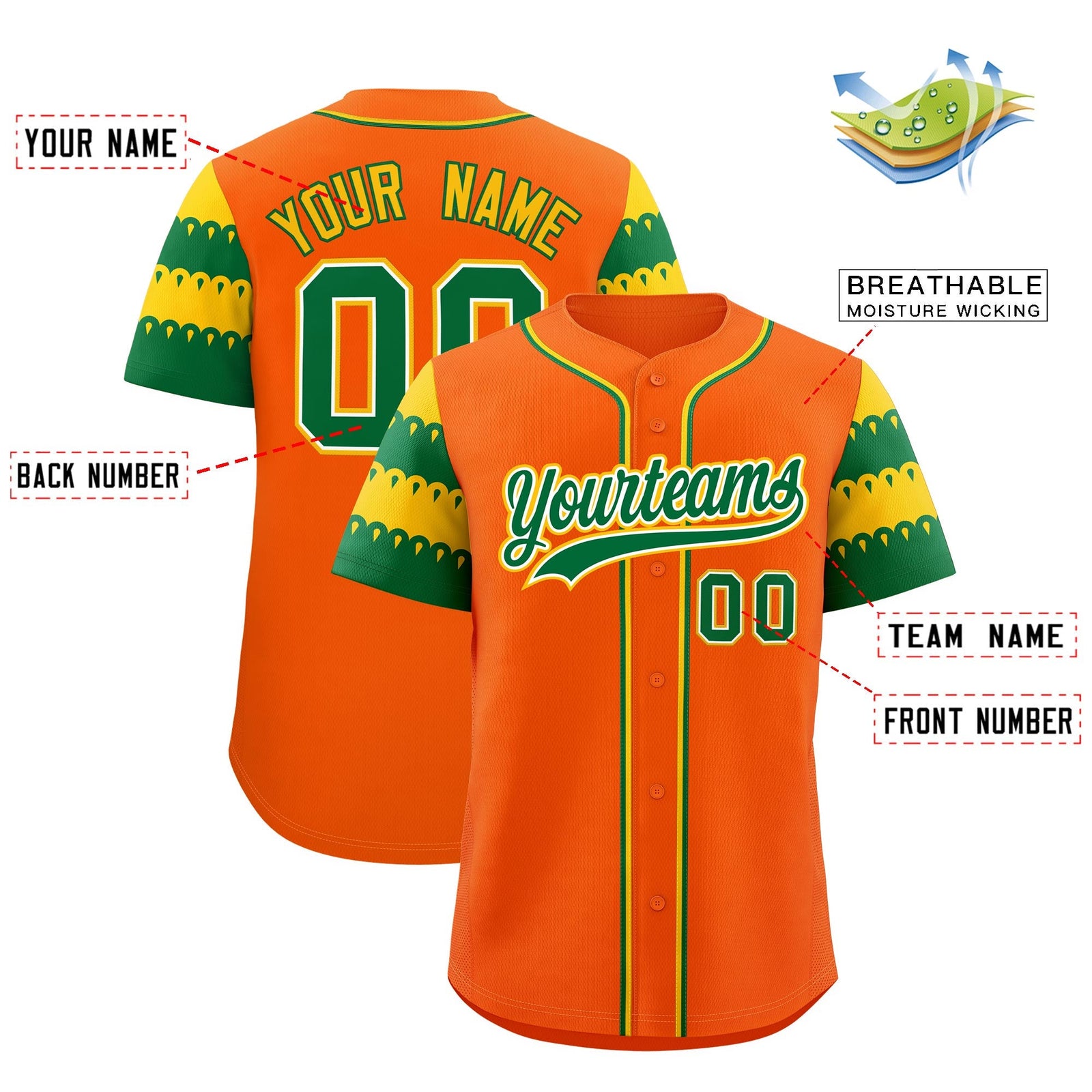 Custom Orange Gold Kelly Green Sleeve Flag Lace Baseball Jersey | Sublimation Printed & Embroidery,Add Name and Numbern,Perfect for Teams | KXKSHOP