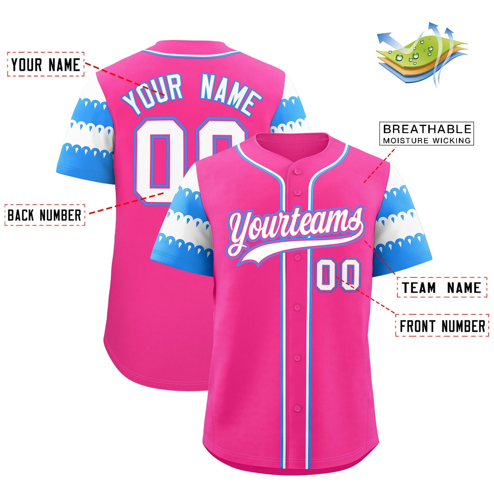 Custom Pink Powder Blue White Sleeve Flag Lace Baseball Jersey | Sublimation Printed & Embroidery,Add Name and Numbern,Perfect for Teams | KXKSHOP