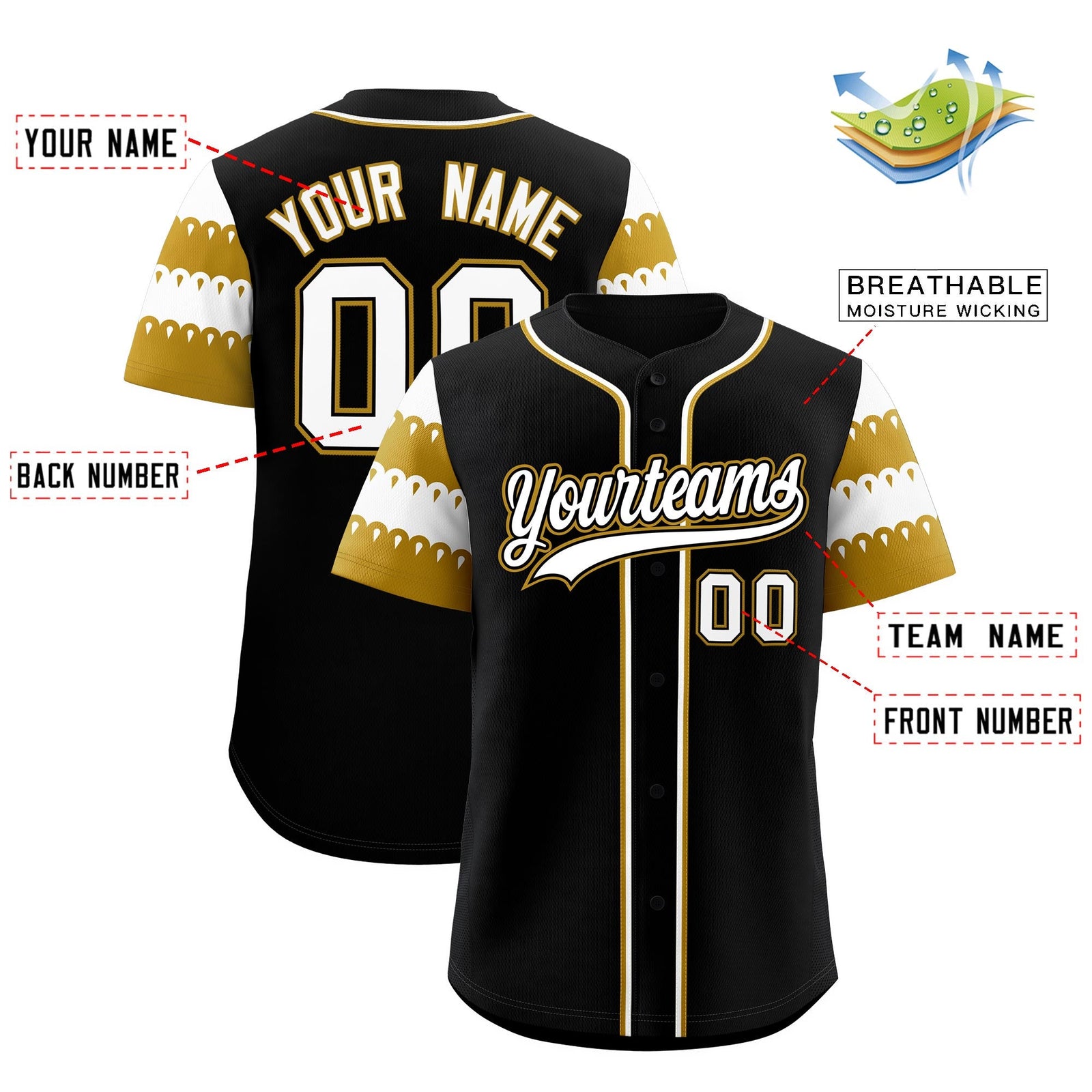 Custom Black Old Gold White Sleeve Flag Lace Baseball Jersey | Sublimation Printed & Embroidery,Add Name and Numbern,Perfect for Teams | KXKSHOP